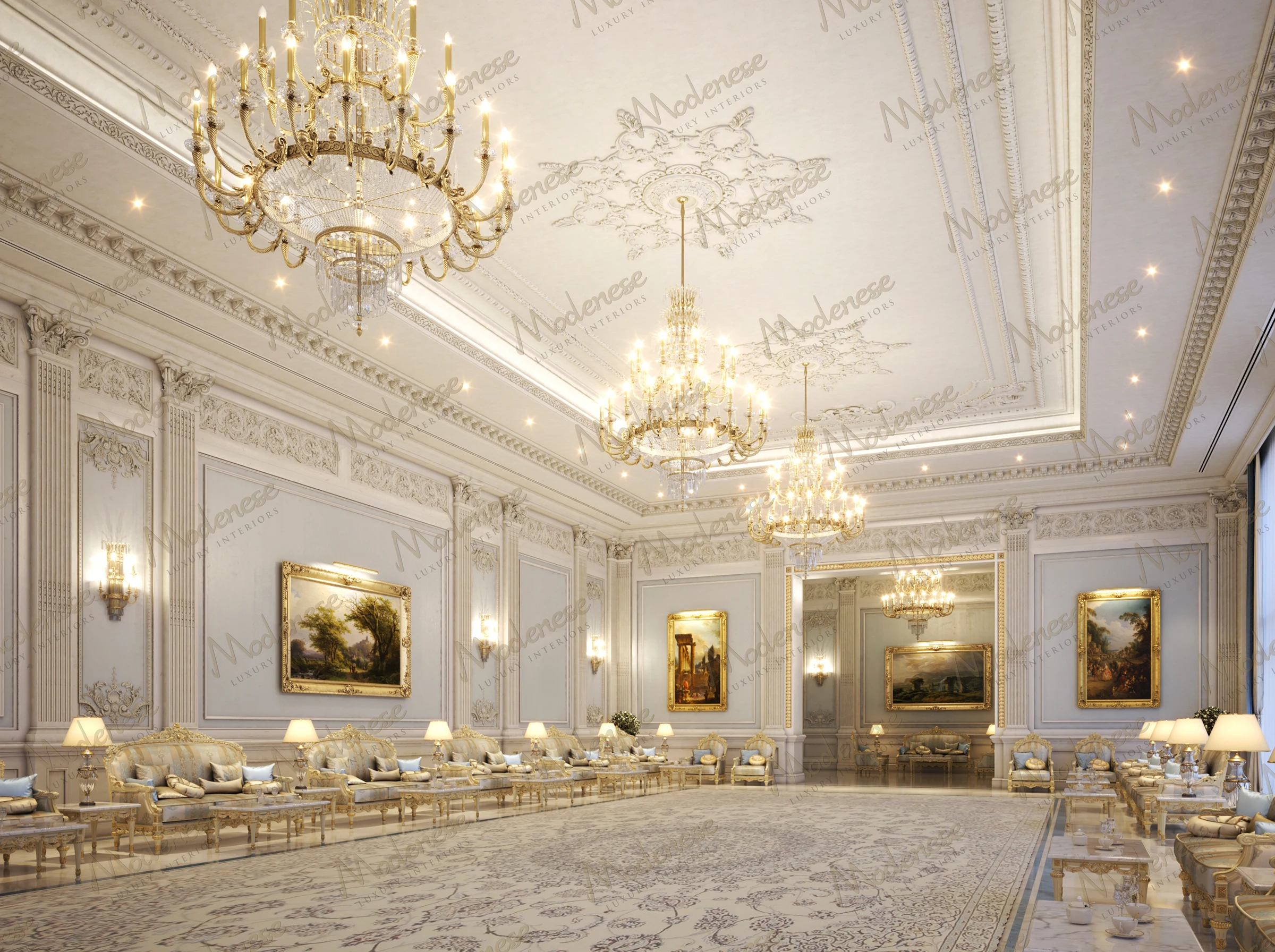 Majestic reception hall in an Anambra palace with symmetrical gilded seating, multiple crystal chandeliers, classical paintings, and intricate ceiling moldings