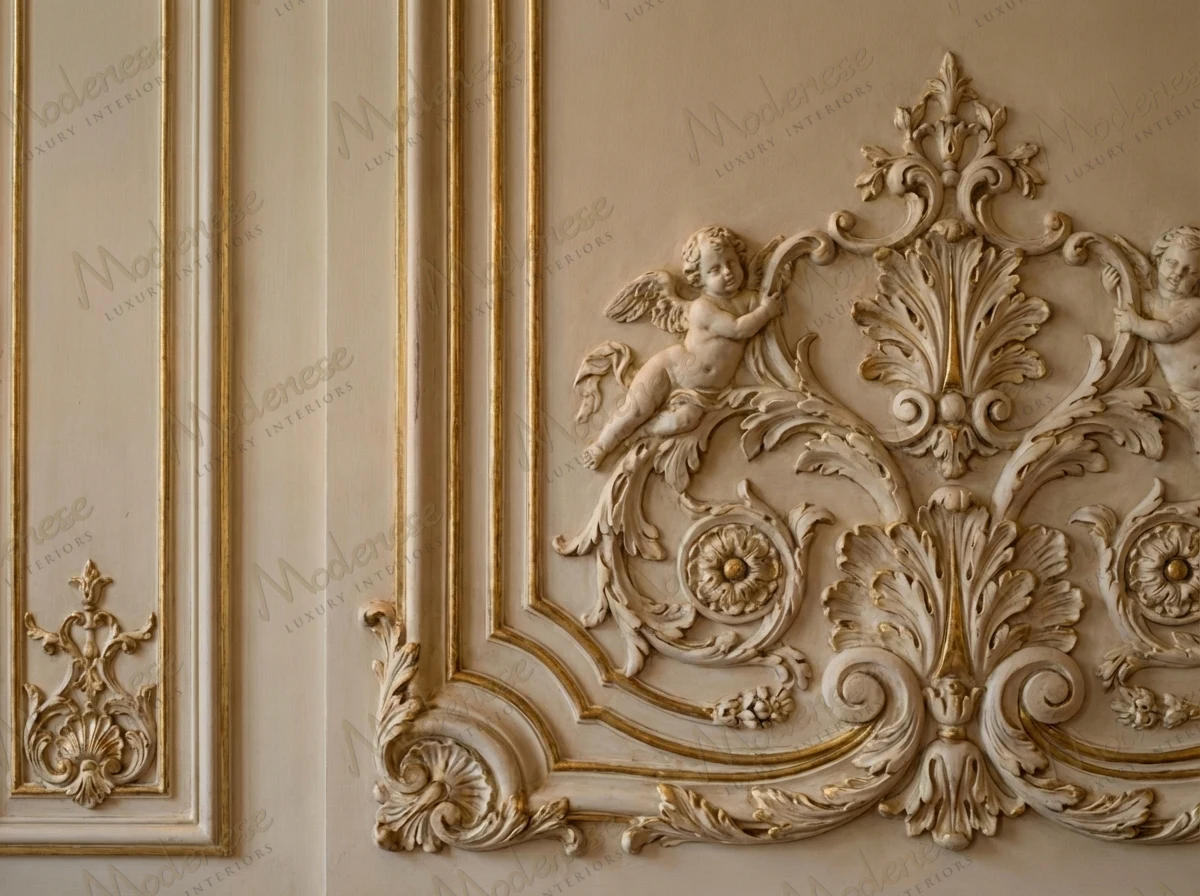 Decorative wall panel in a luxury presidential villa with intricate gold-leaf scrollwork and cherub reliefs in a classical motif