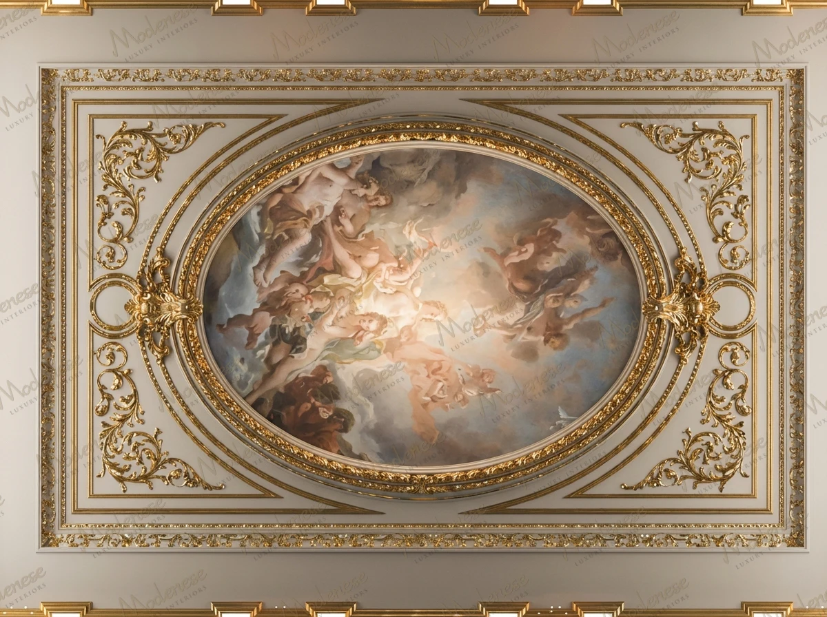 Oval ceiling fresco in the Royal Palace depicting mythological figures surrounded by elaborate gold scrollwork and paneling