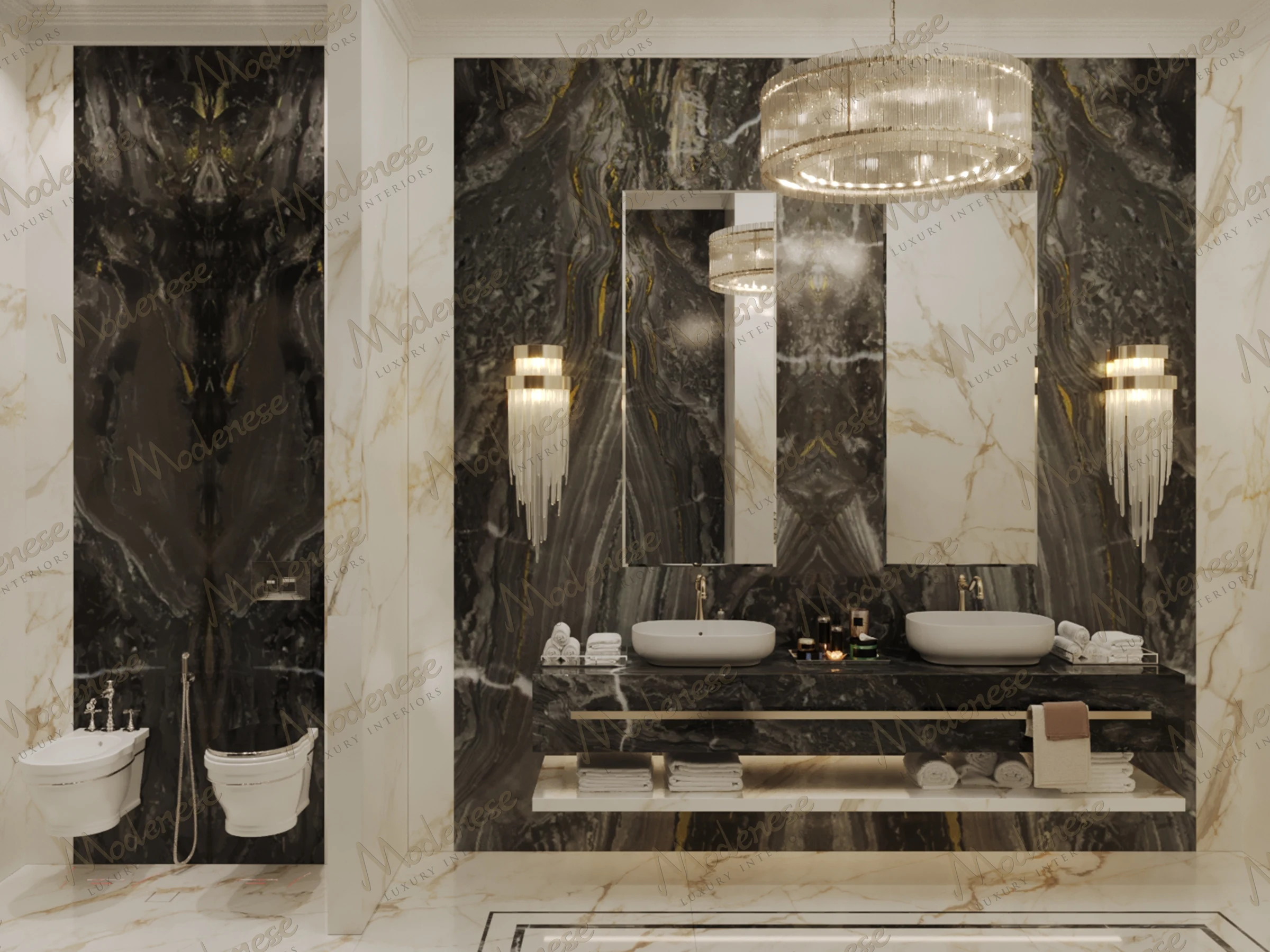 Contemporary Miami villa bathroom with dramatic black and white marble accents, floating vanity, modern vessel sinks, and ambient lighting