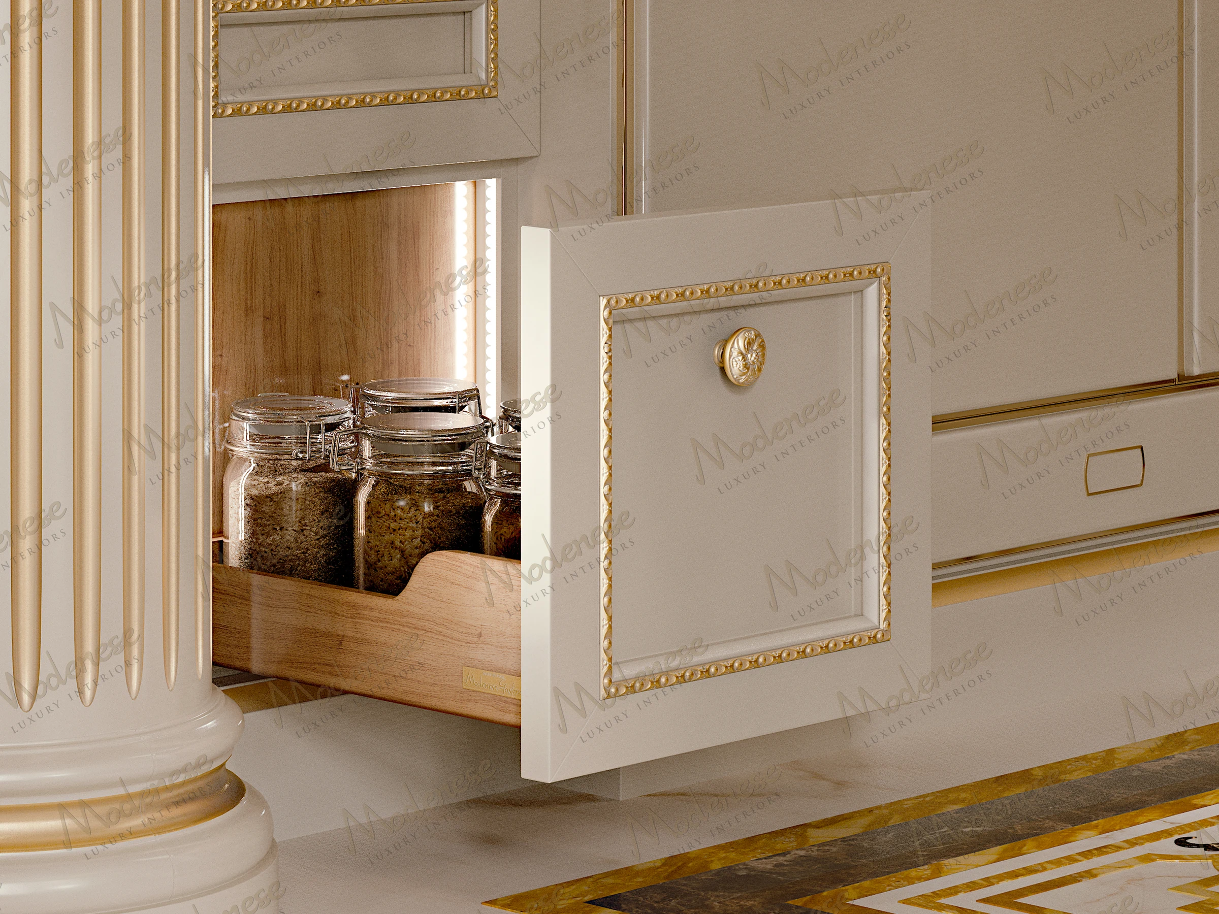 Close-up of a drawer with gold detailing and interior LED lighting, revealing glass jars of herbs inside a neoclassical luxury kitchen in Doha