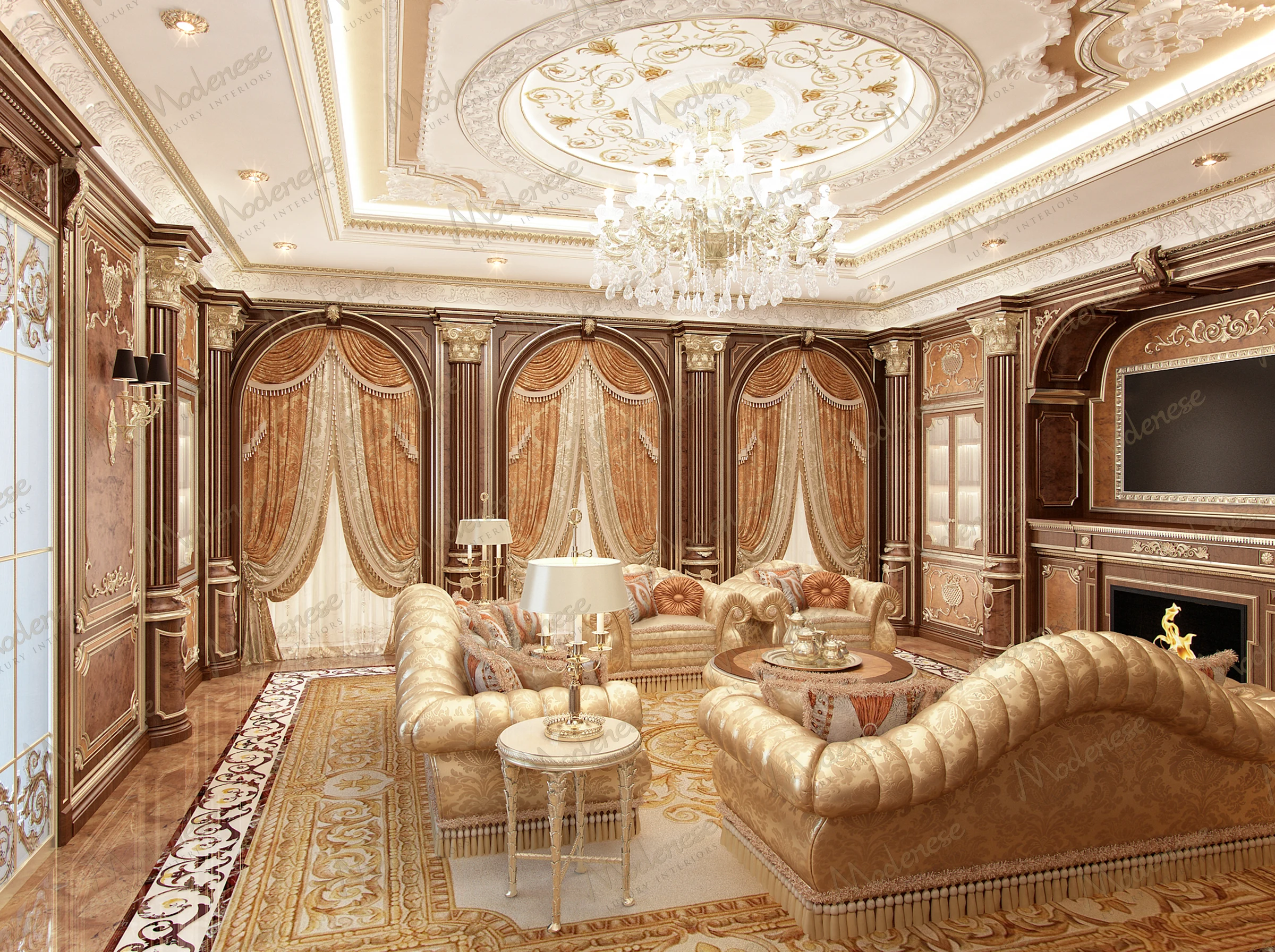 Lavish classic living room in an Abuja mansion adorned with tufted gold sofas, rich drapery, ornate ceiling molding, and a central chandelier