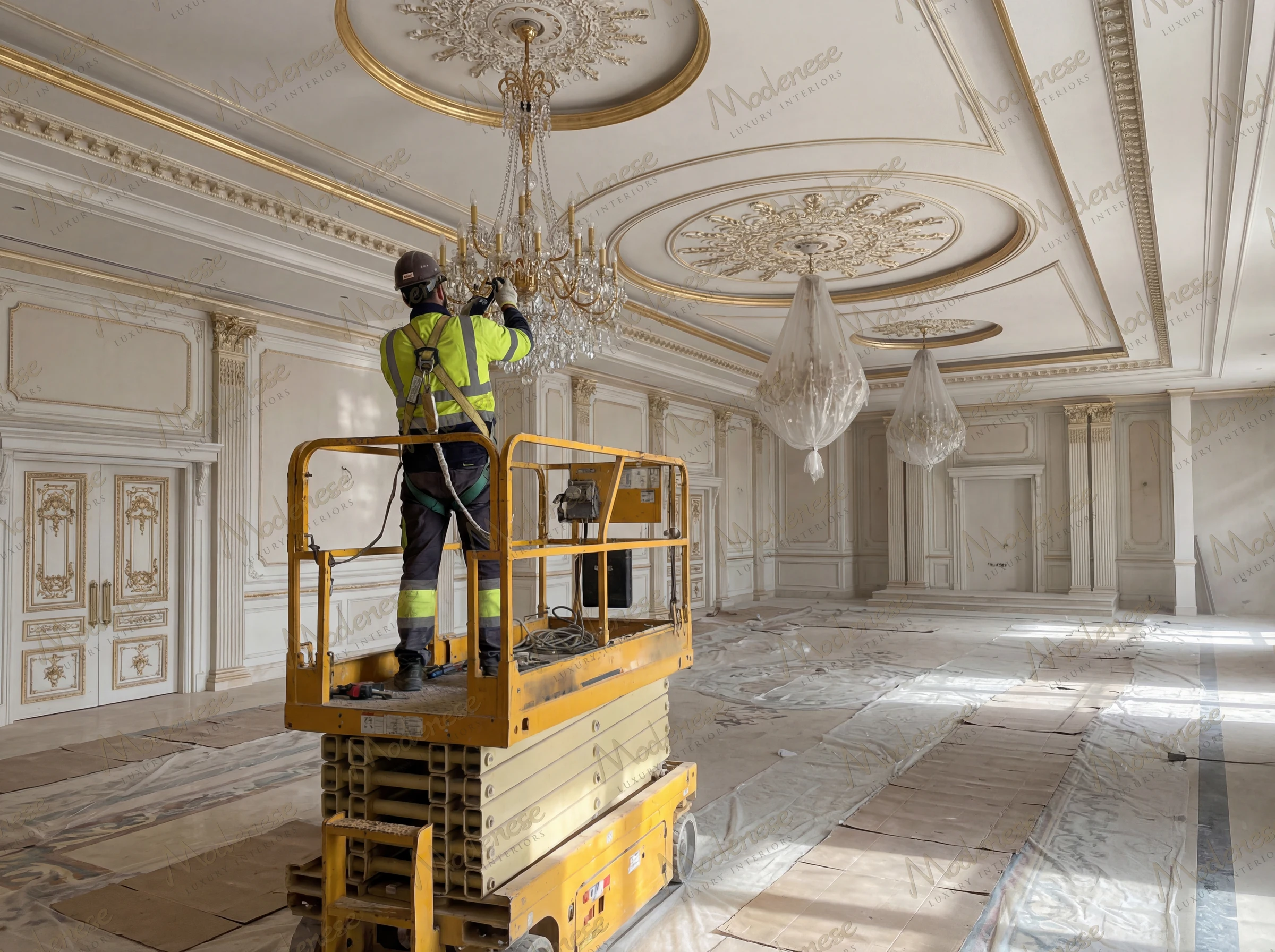 Worker on a hydraulic lift installing a crystal chandelier in an opulent ballroom with gold-trimmed ceiling medallions and covered flooring