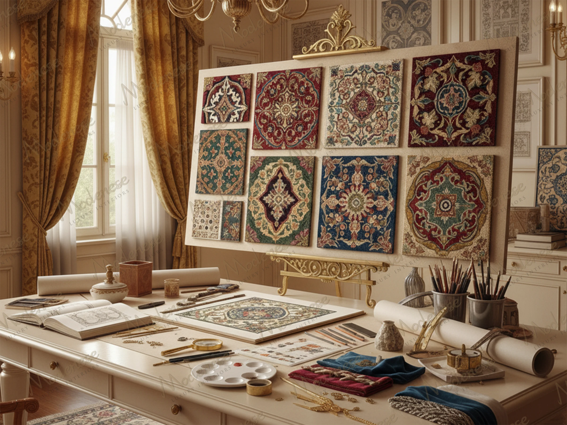 Interior design studio for bespoke carpets showcasing a display board of intricate oriental patterns, surrounded by sketches, painting tools, and fabric trims