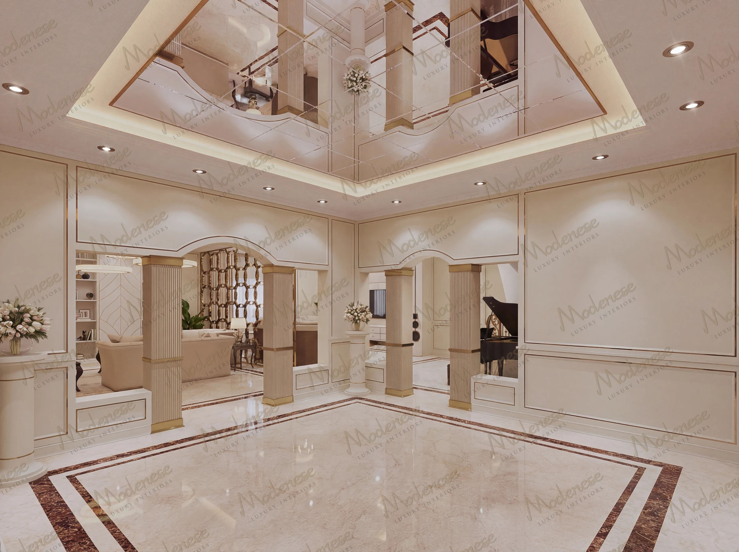 Finished villa interior with polished marble flooring, mirrored coffered ceiling, arched wall recesses, and refined column accents