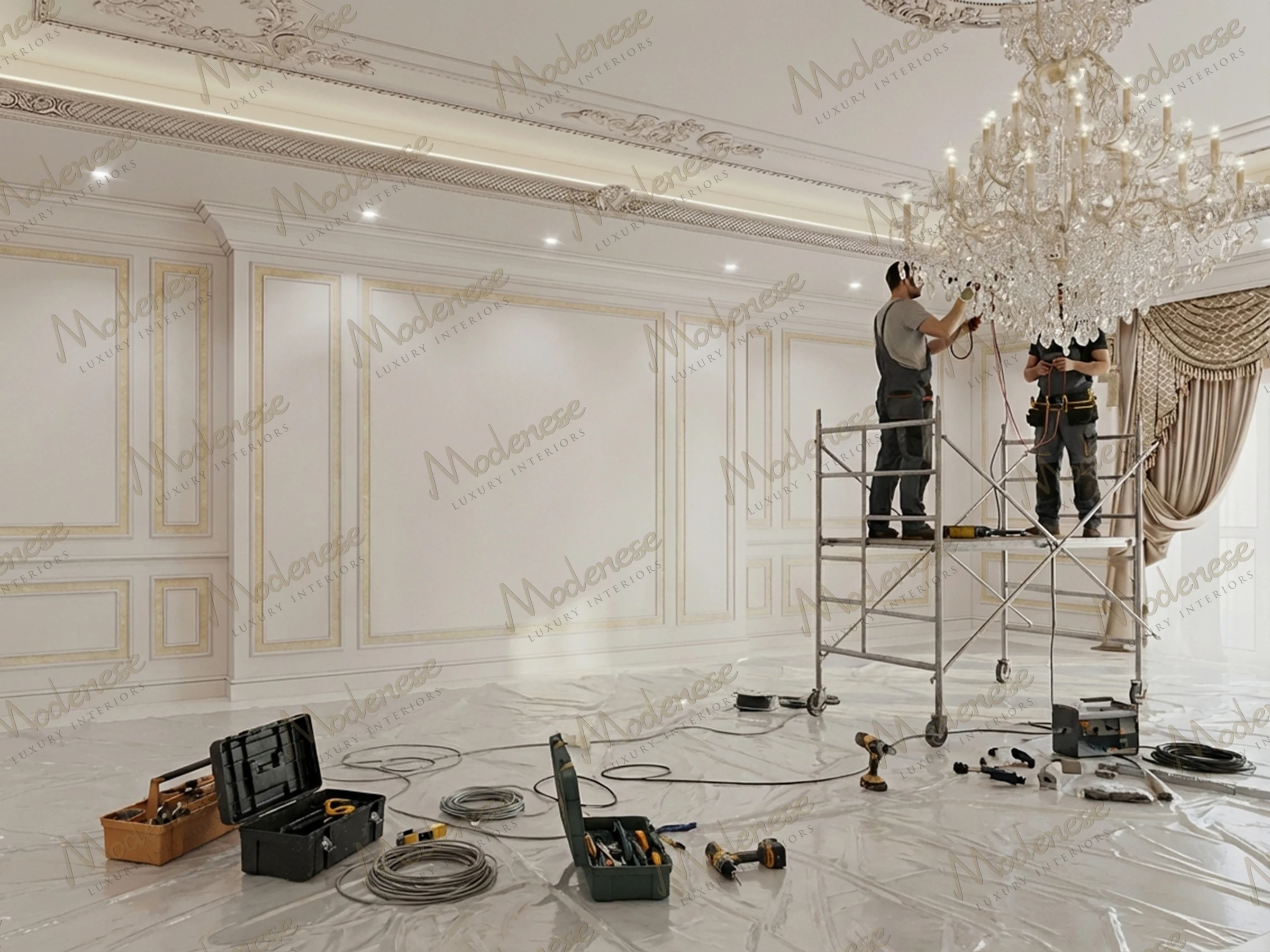 Electricians working on chandelier installation in a Miami villa interior with elaborate crown molding and concealed ceiling lights