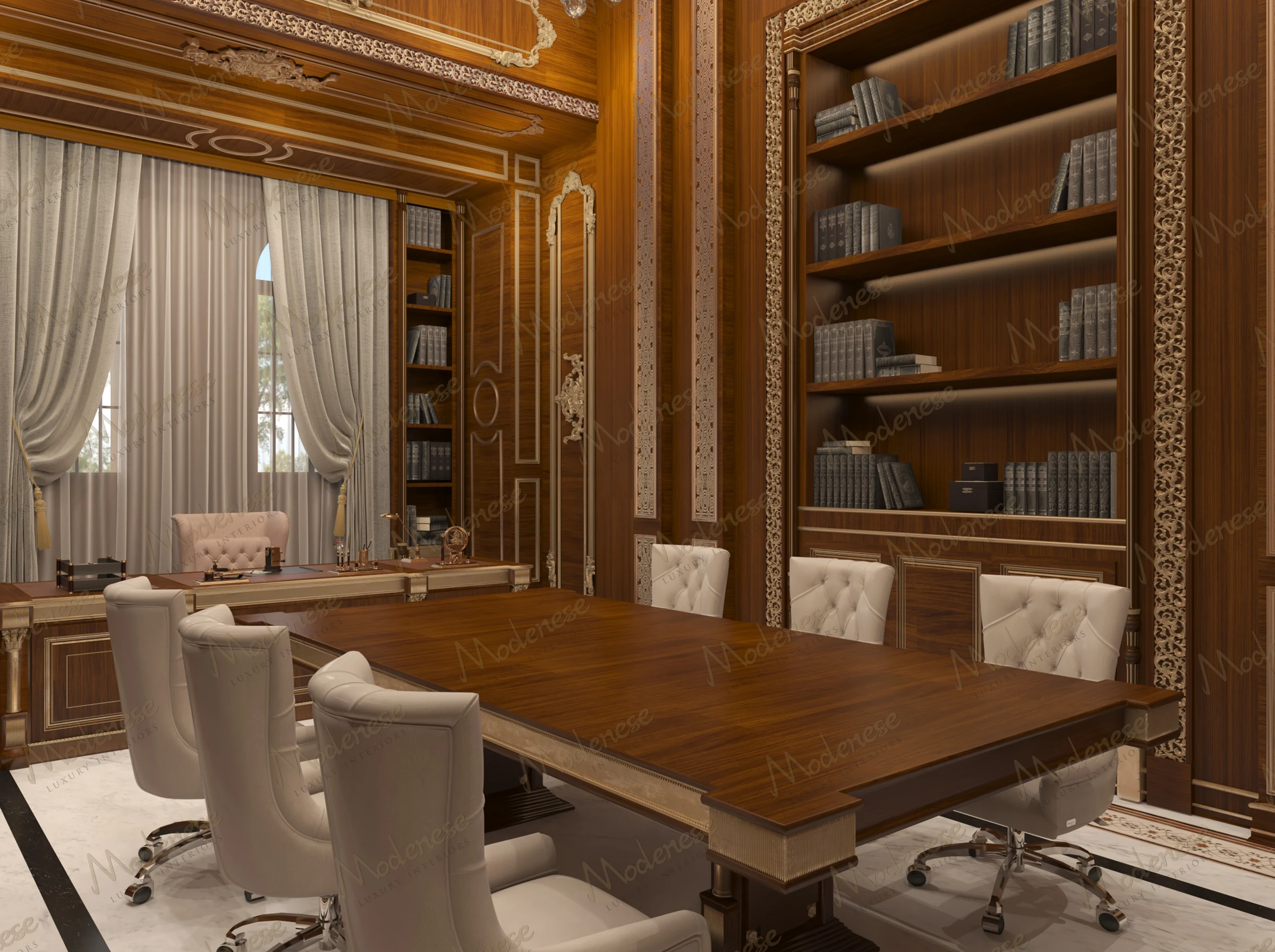 Luxurious private office in a Manama mansion with dark wood cabinetry, tufted leather chairs, intricate carved moldings, and tall draped windows