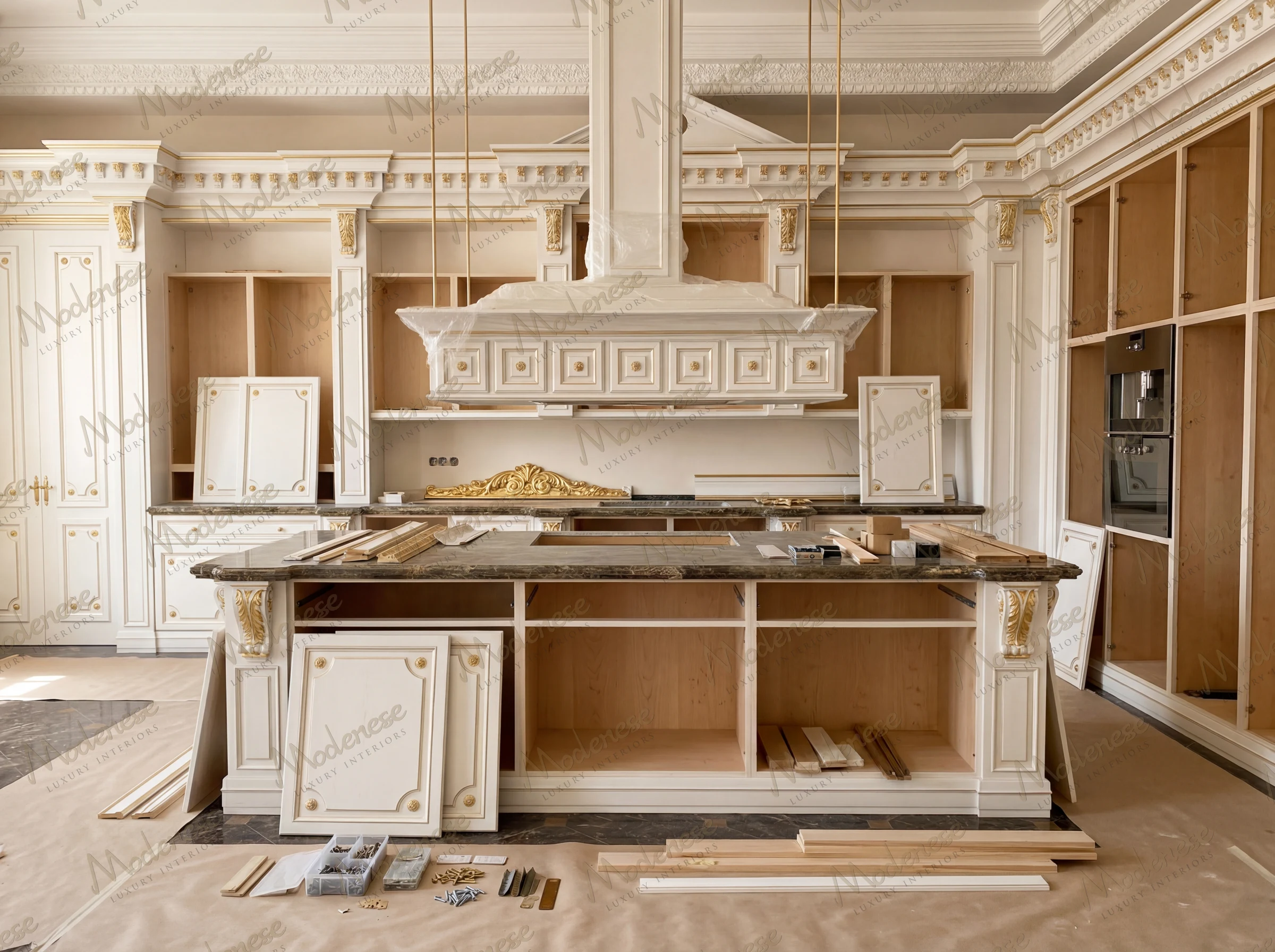Elegant kitchen in a Portuguese castle during renovation, showcasing a central island with dark marble countertop, intricate gold accents, and open cabinetry with tools and fittings