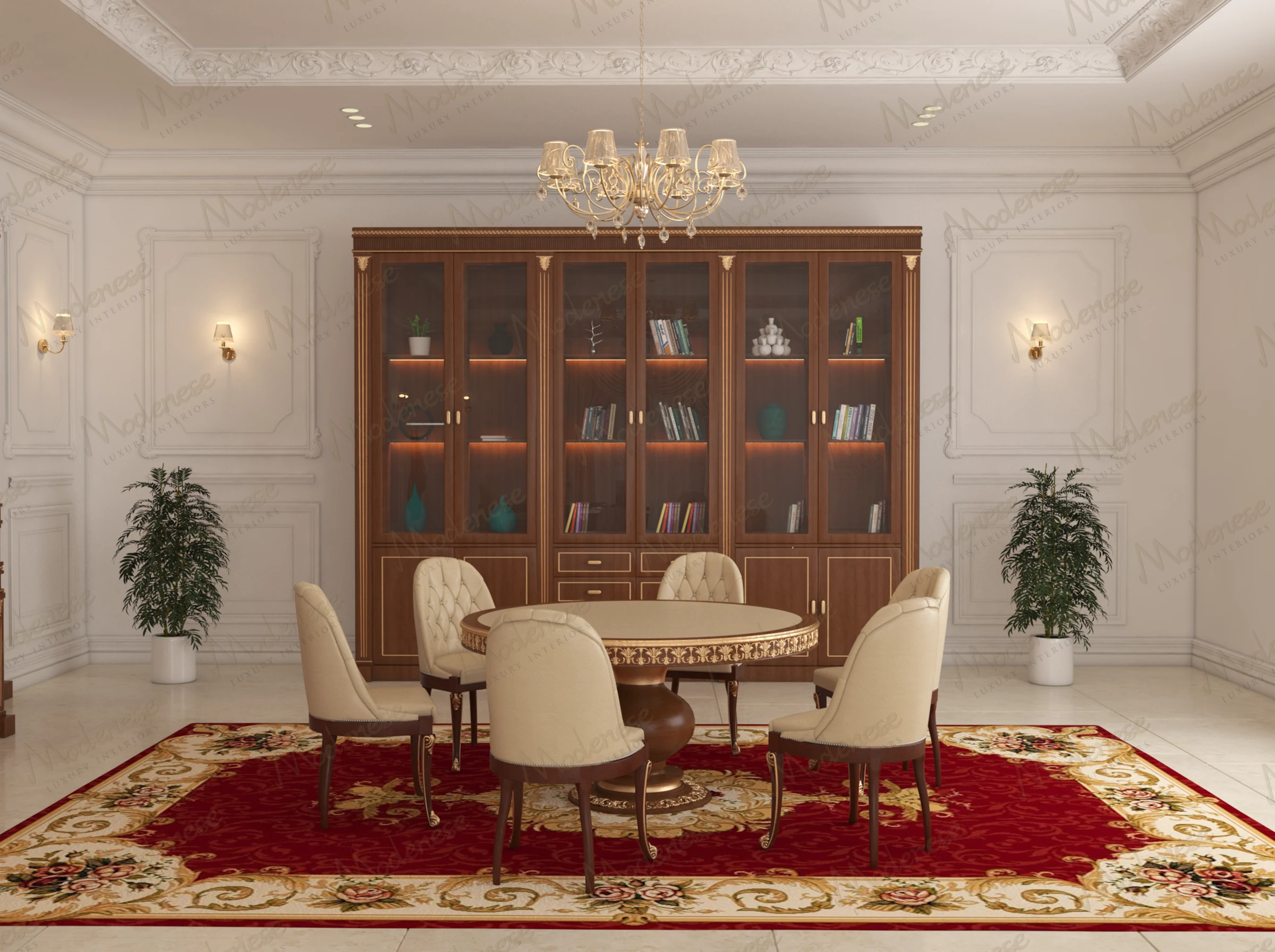 Elegant Portugal library room with round wood table, cream upholstered chairs, built-in illuminated bookshelf, and a deep red floral rug