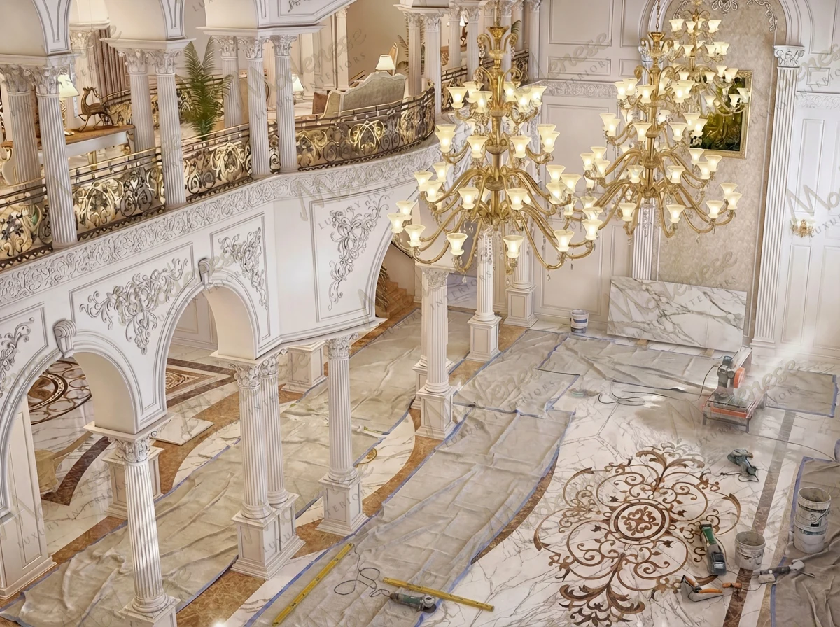 Luxurious palace hall under construction with detailed marble inlay flooring, grand chandeliers, Corinthian columns, and intricate wrought iron balconies