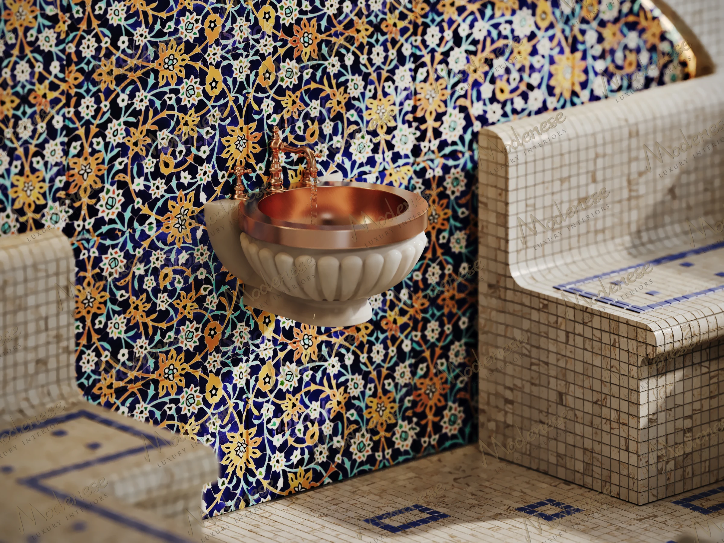 Close-up of a copper basin fountain against an ornate floral mosaic tile wall in Marrakech