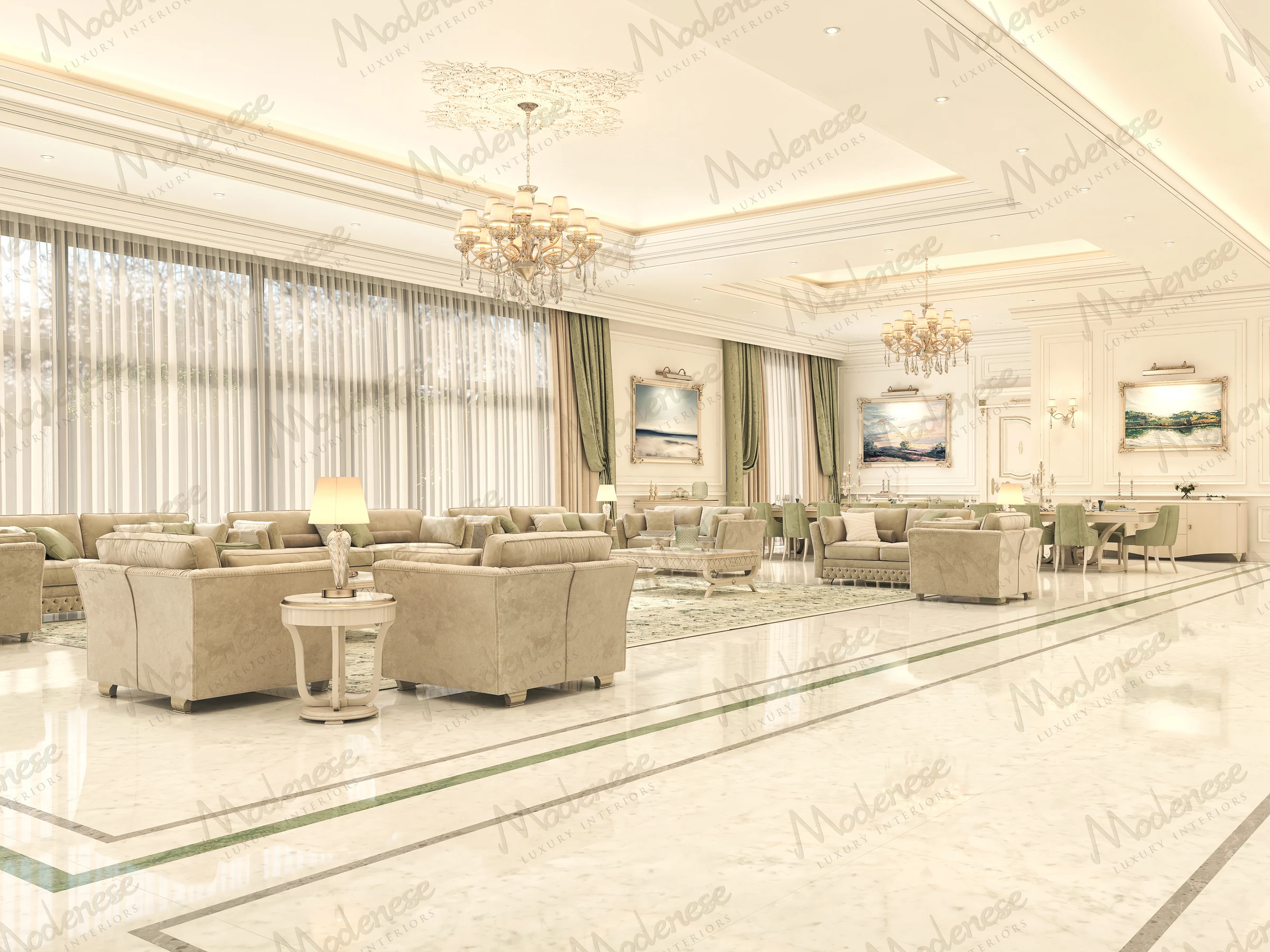 Elegant lounge in Africa Royal Palace with soft beige seating, green accents, crystal chandeliers, and panoramic windows with sheer curtains