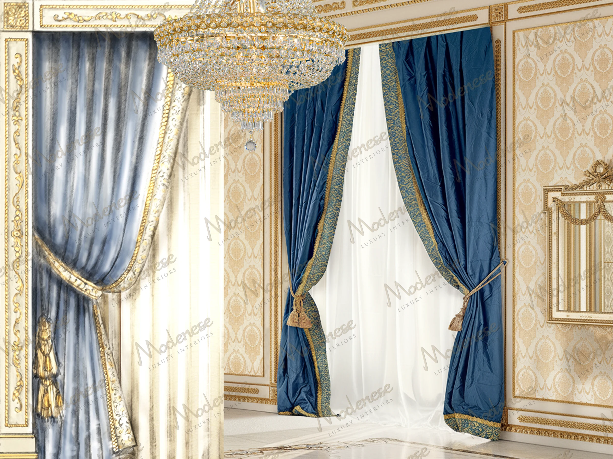 Luxurious room with deep blue silk drapery, sheer white inner curtains, and gilded wall detailing beneath a grand crystal chandelier