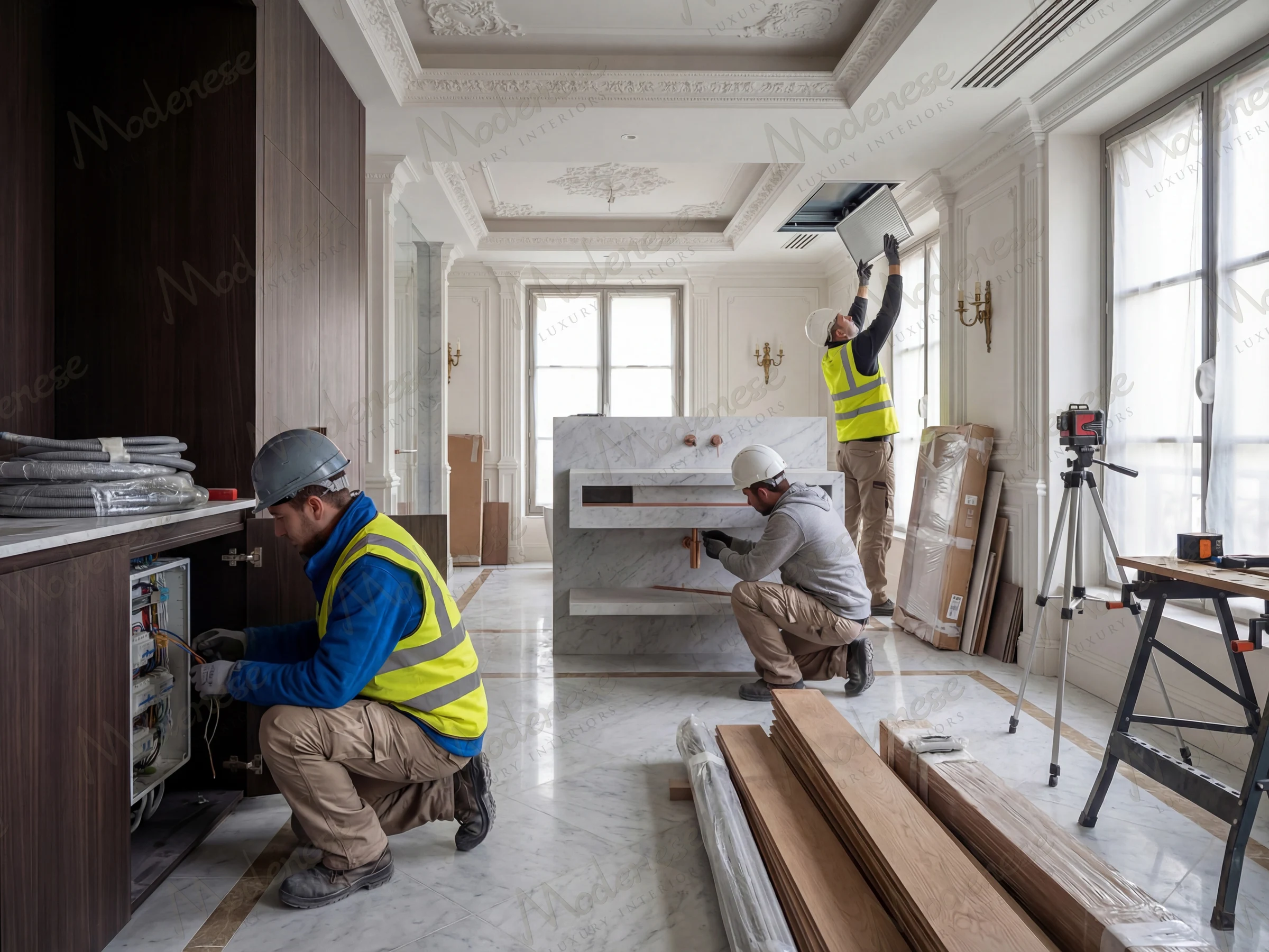 Three construction workers in safety gear installing electrical, plumbing, and HVAC systems in a luxurious Parisian apartment with ornate ceiling moldings, marble flooring, and classic wall sconces