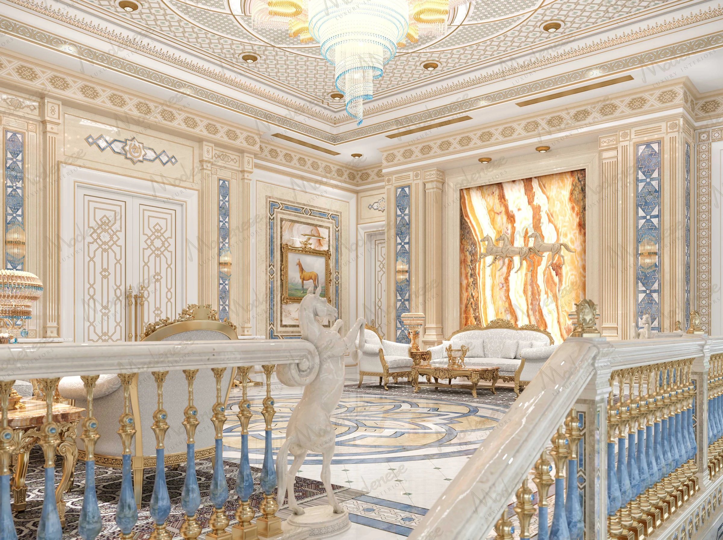 Ornate living space in a Qatar palace with a marble horse statue, blue-gold balustrades, golden furniture, and an illuminated onyx horse mural