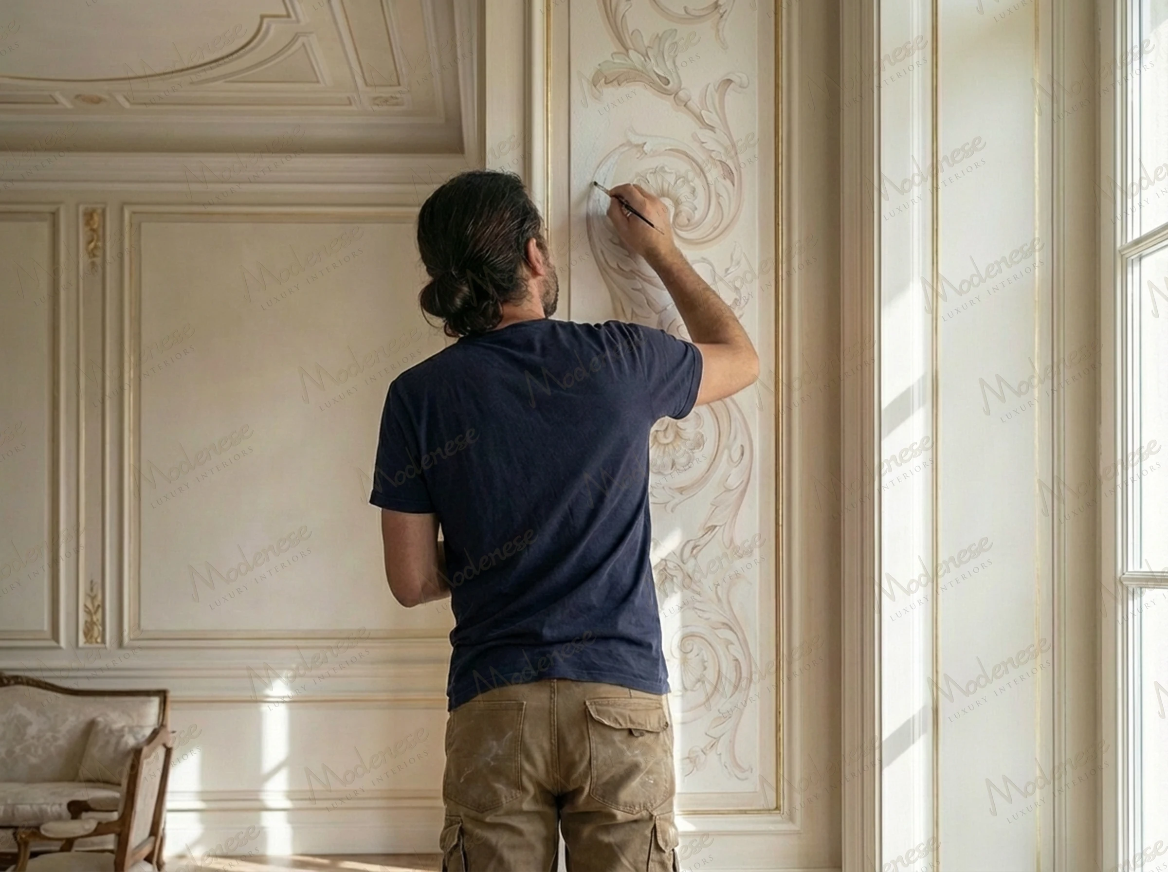 Decorative wall painting in progress with an artist detailing soft floral arabesques on cream panels in the Royal Palace