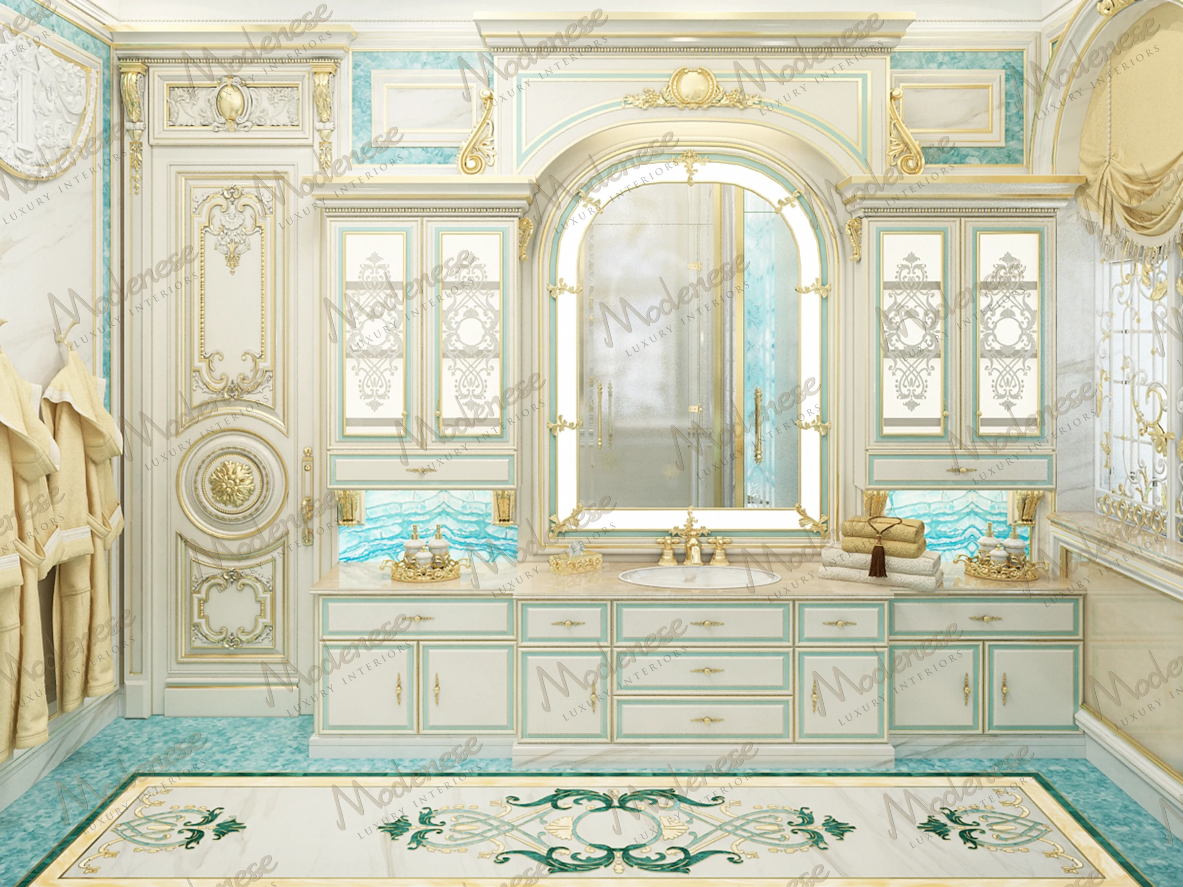 Opulent Miami villa bathroom with turquoise marble accents, gold embellishments, and a central vanity framed by arched mirrors and decorative cabinets