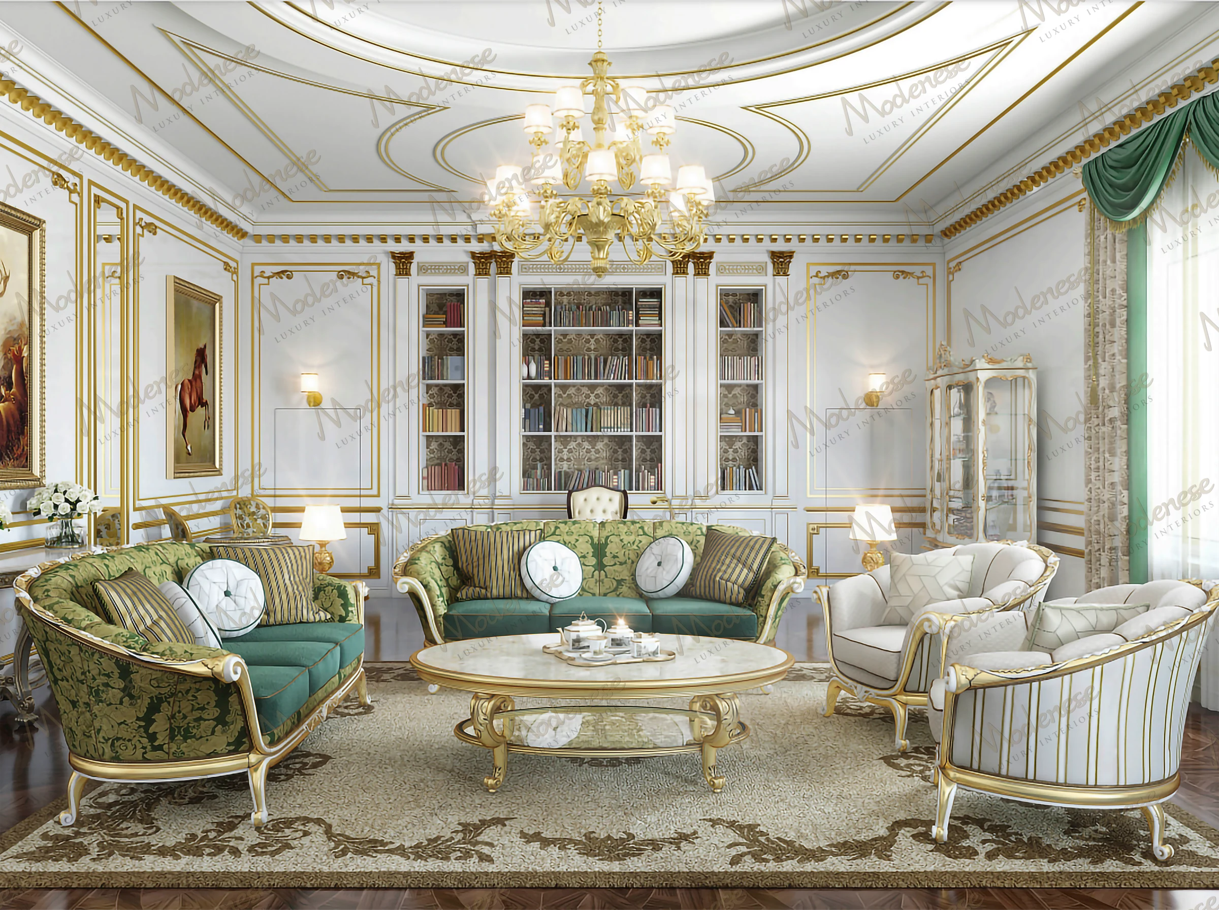 Regal library sitting room in an Abuja home with green and cream upholstered seating, gold-accented furniture, full-height bookshelves, and elegant crown molding