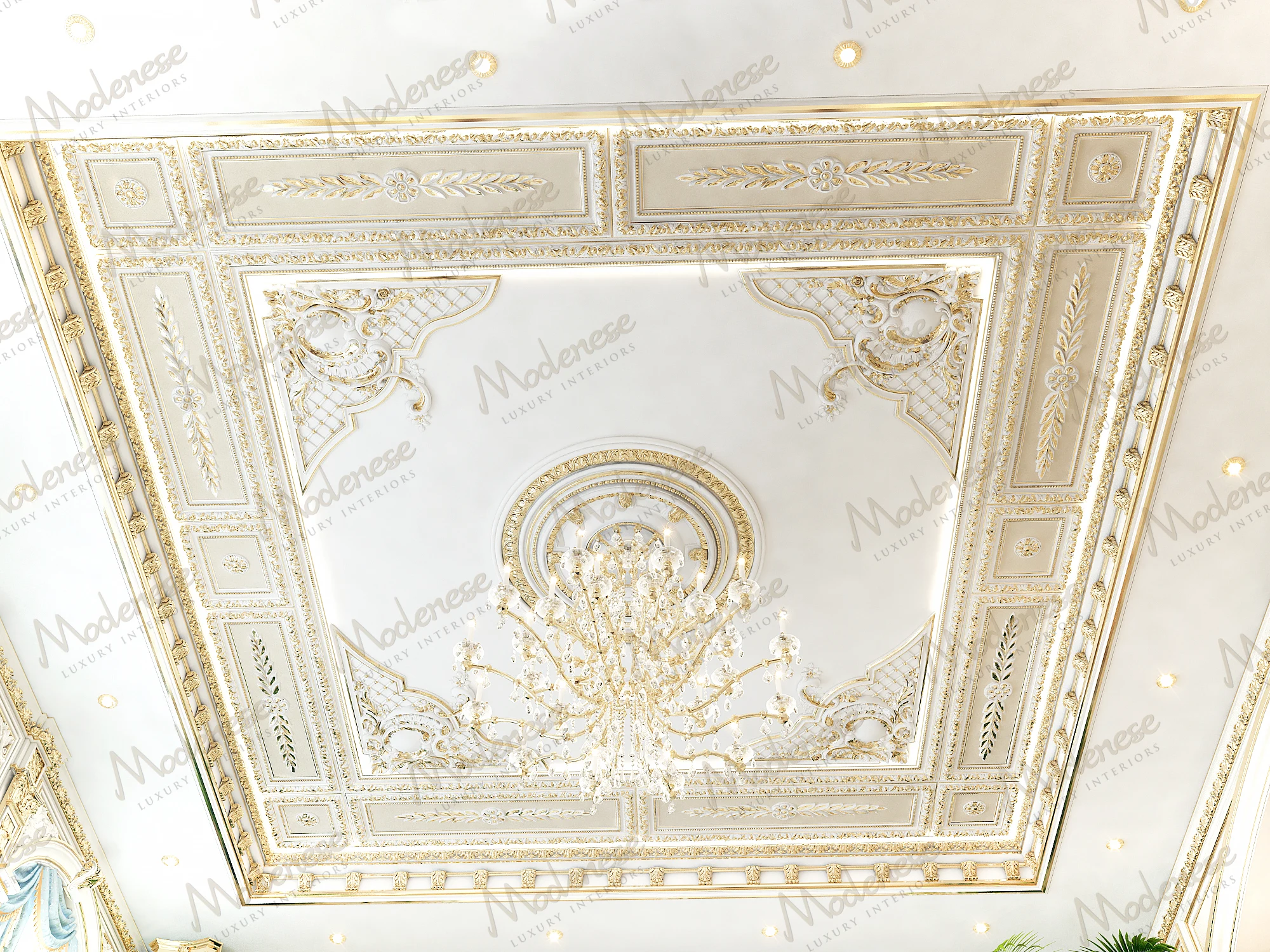 Elegant coffered ceiling with floral and lattice gold ornamentation framing a central chandelier in a neoclassical palace setting