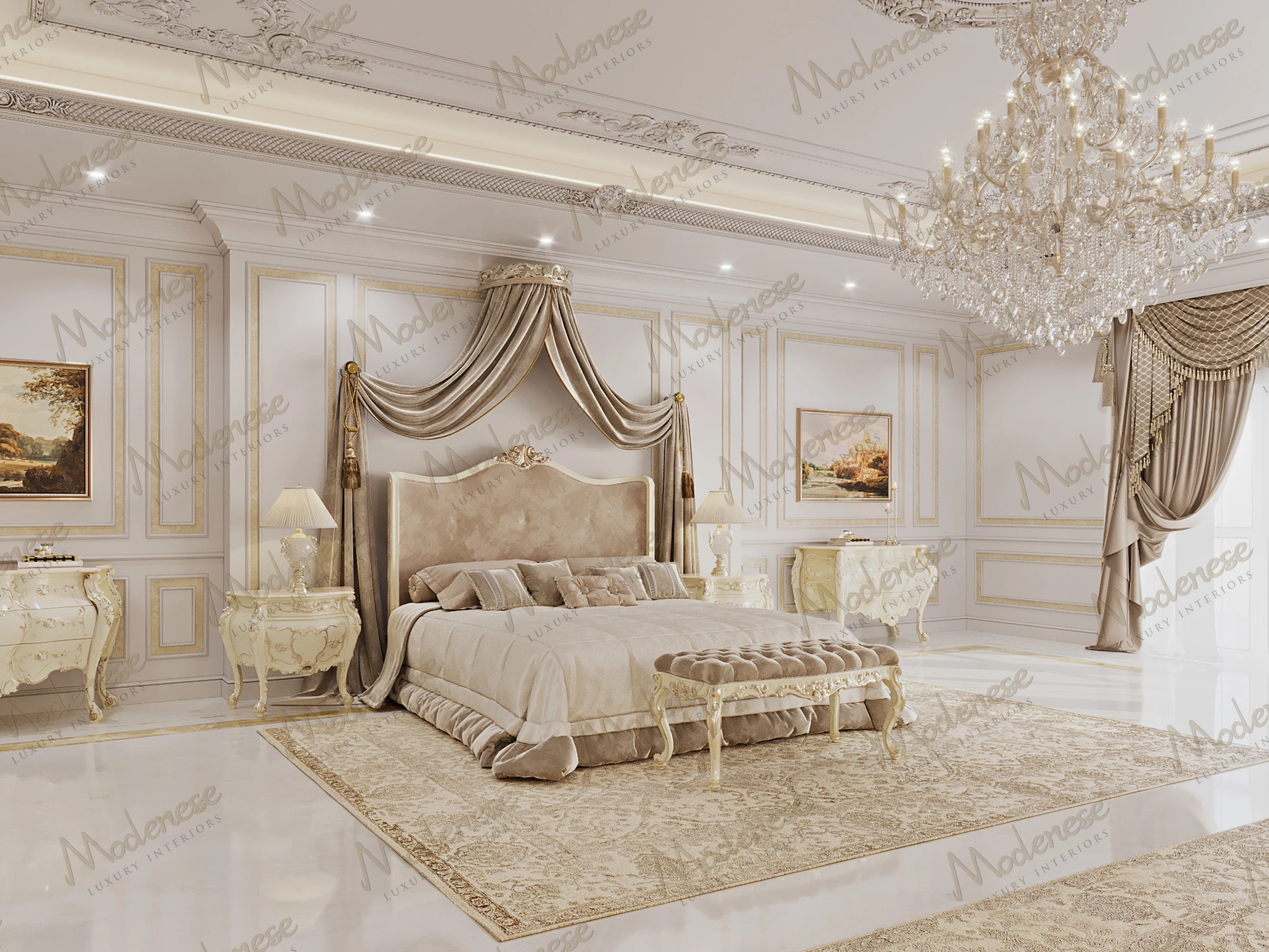 Opulent bedroom in a Miami villa with an oversized crystal chandelier, tufted headboard canopy, and intricate wall paneling with gold accents