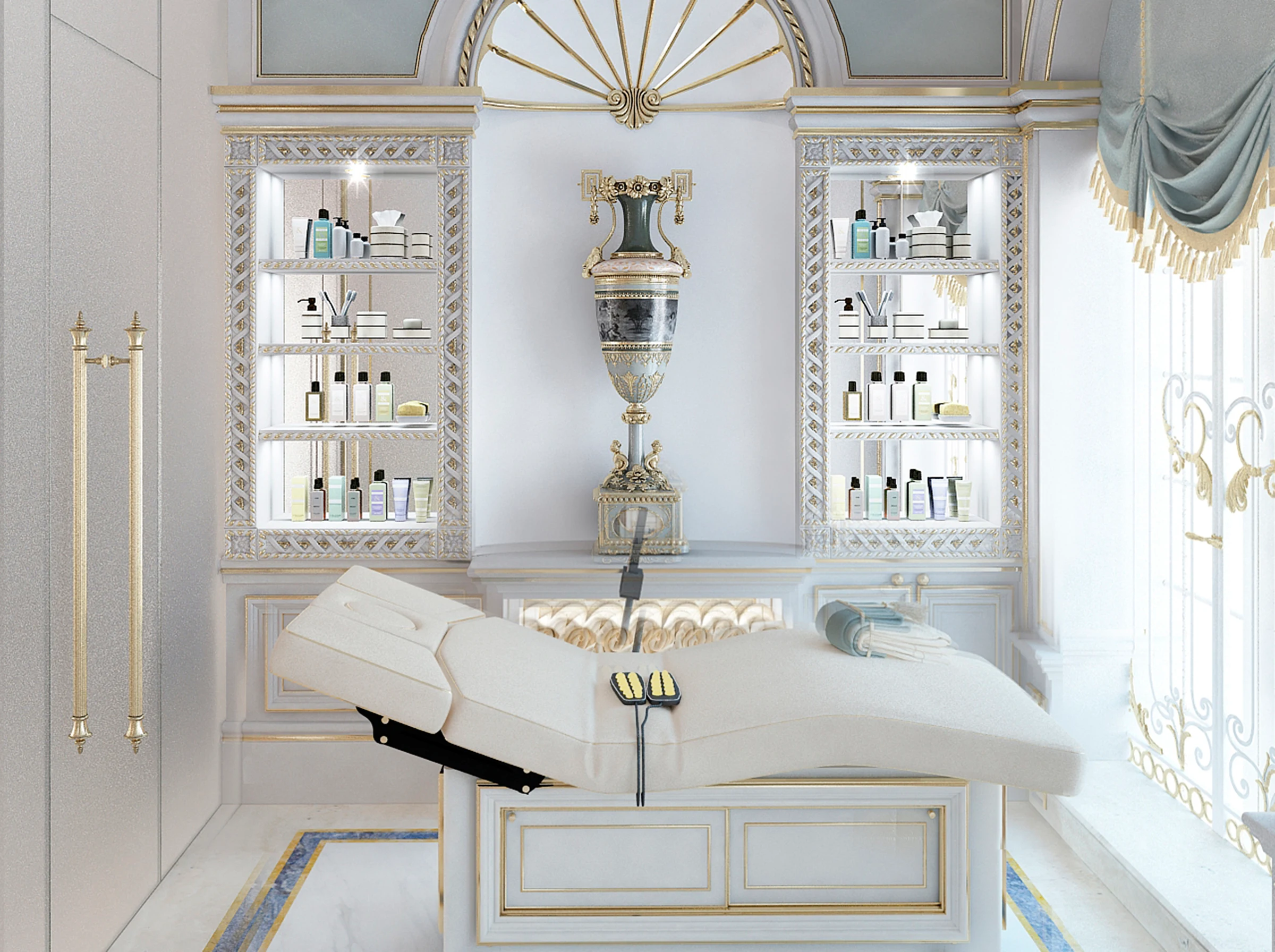 Opulent spa treatment room in a Manama villa with a white adjustable massage bed, backlit product display shelves, neoclassical decor, and gold-trimmed cabinetry