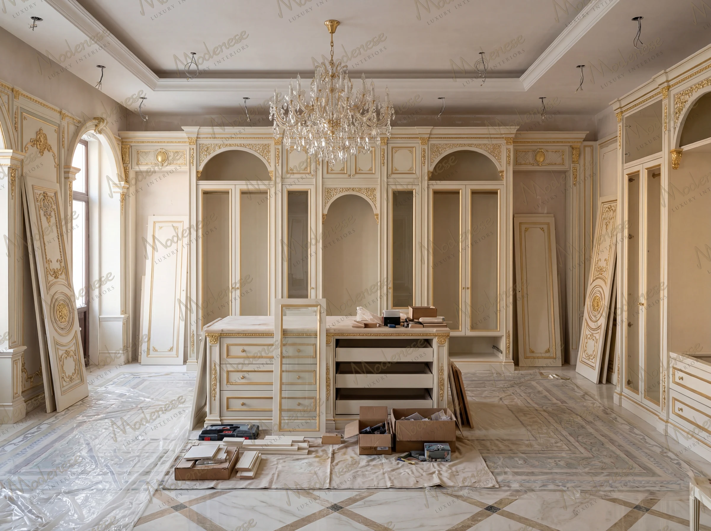 Lavish dressing room setup in a Portuguese castle with cream and gold cabinetry, a large crystal chandelier, and custom woodwork components laid out for installation