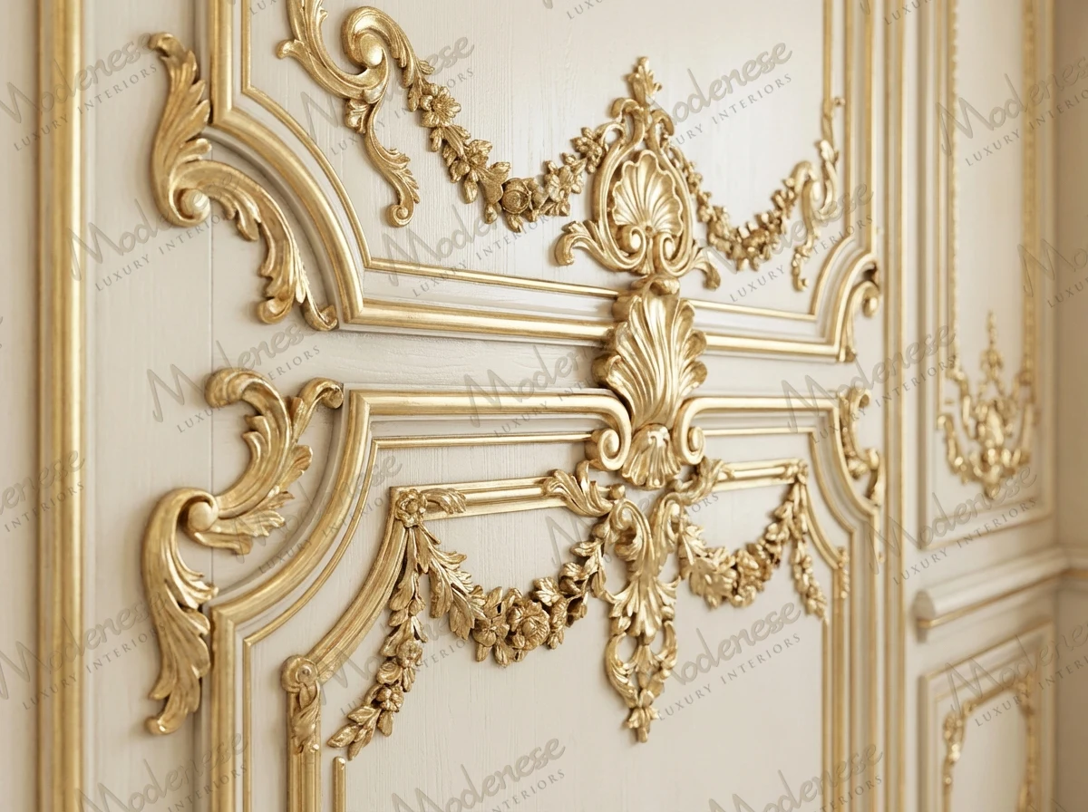Close-up of detailed joinery installation with carved gold leaf ornamentation and floral motifs on cream wood paneling in a luxury palace