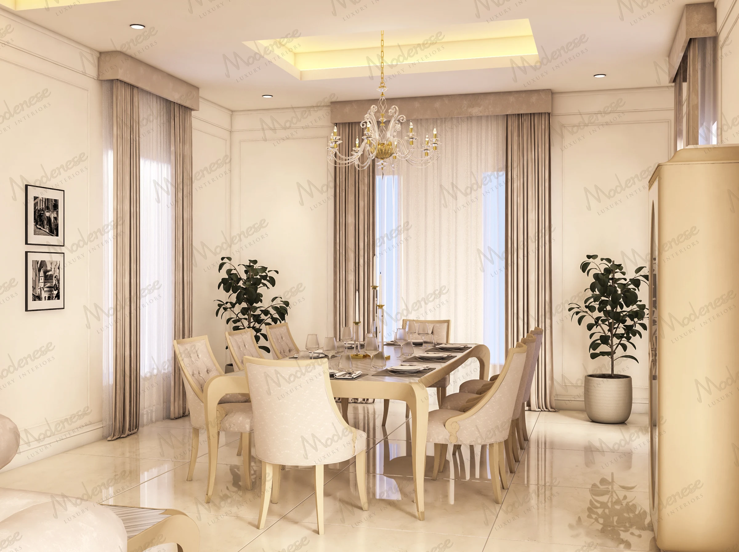 Sophisticated dining room in a Portugal residence with cream upholstered chairs, rectangular glass-top table, soft lighting, and decorative ceiling niche with chandelier
