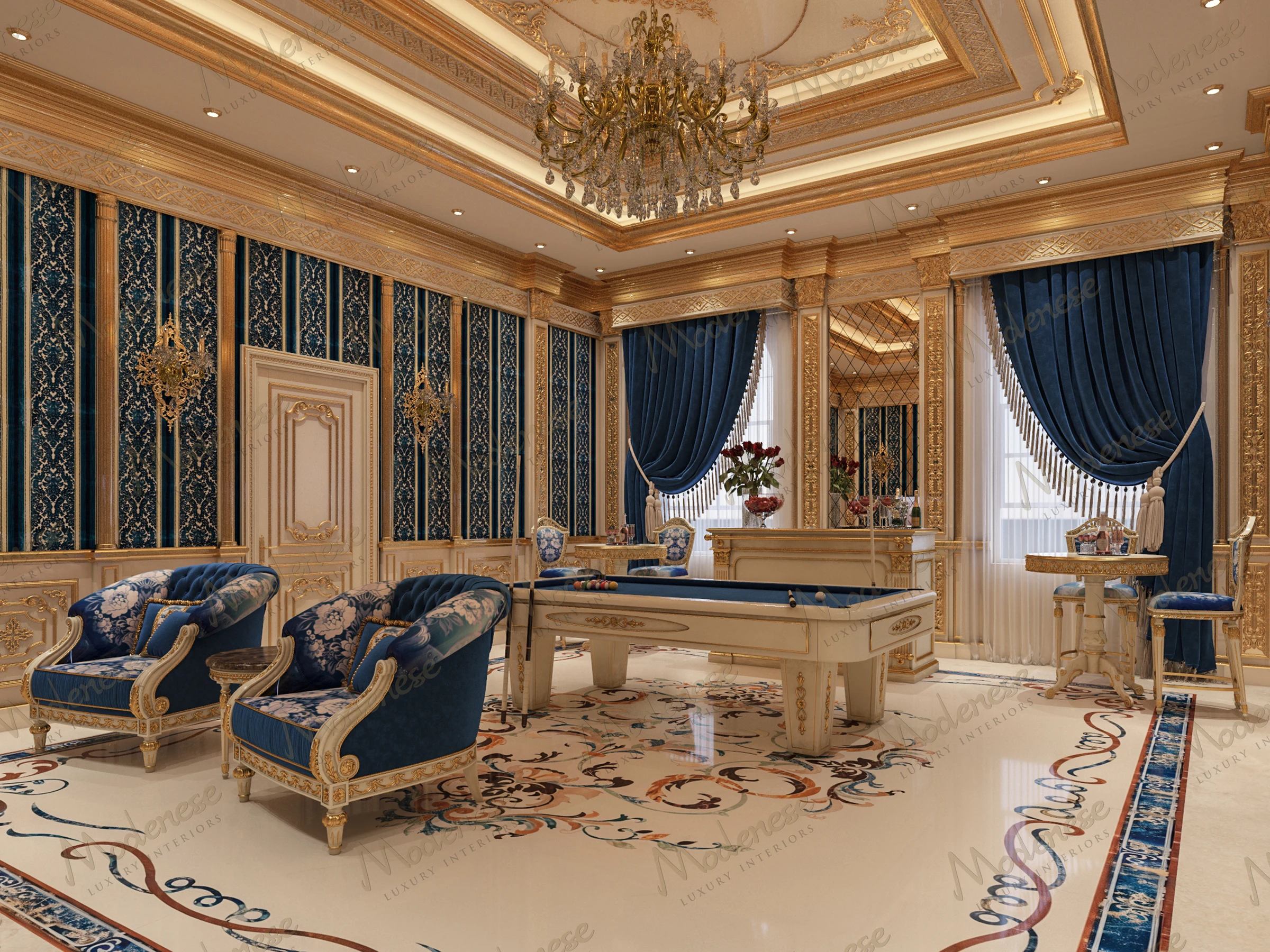 Opulent games room in a private palace with deep blue velvet drapes, gold-trimmed walls, floral armchairs, and an ivory billiard table on patterned marble flooring