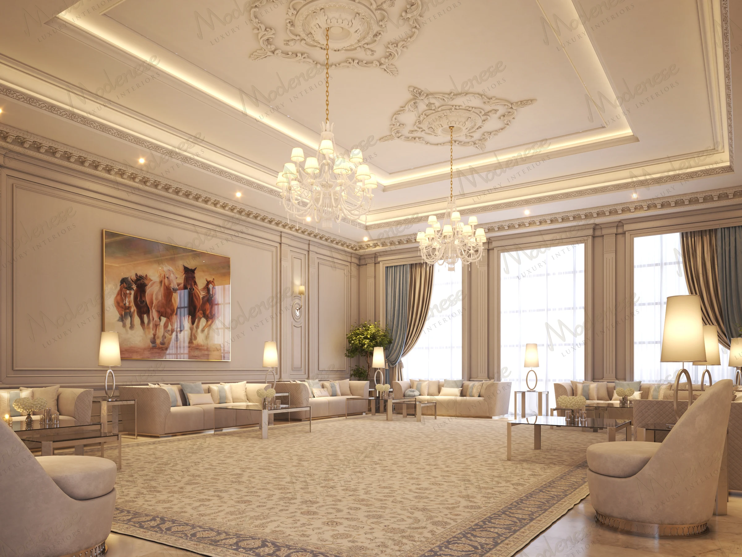 Sophisticated sitting room in Africa Royal Palace with detailed ceiling molding, horse artwork, and ambient lighting on cream-toned furnishings