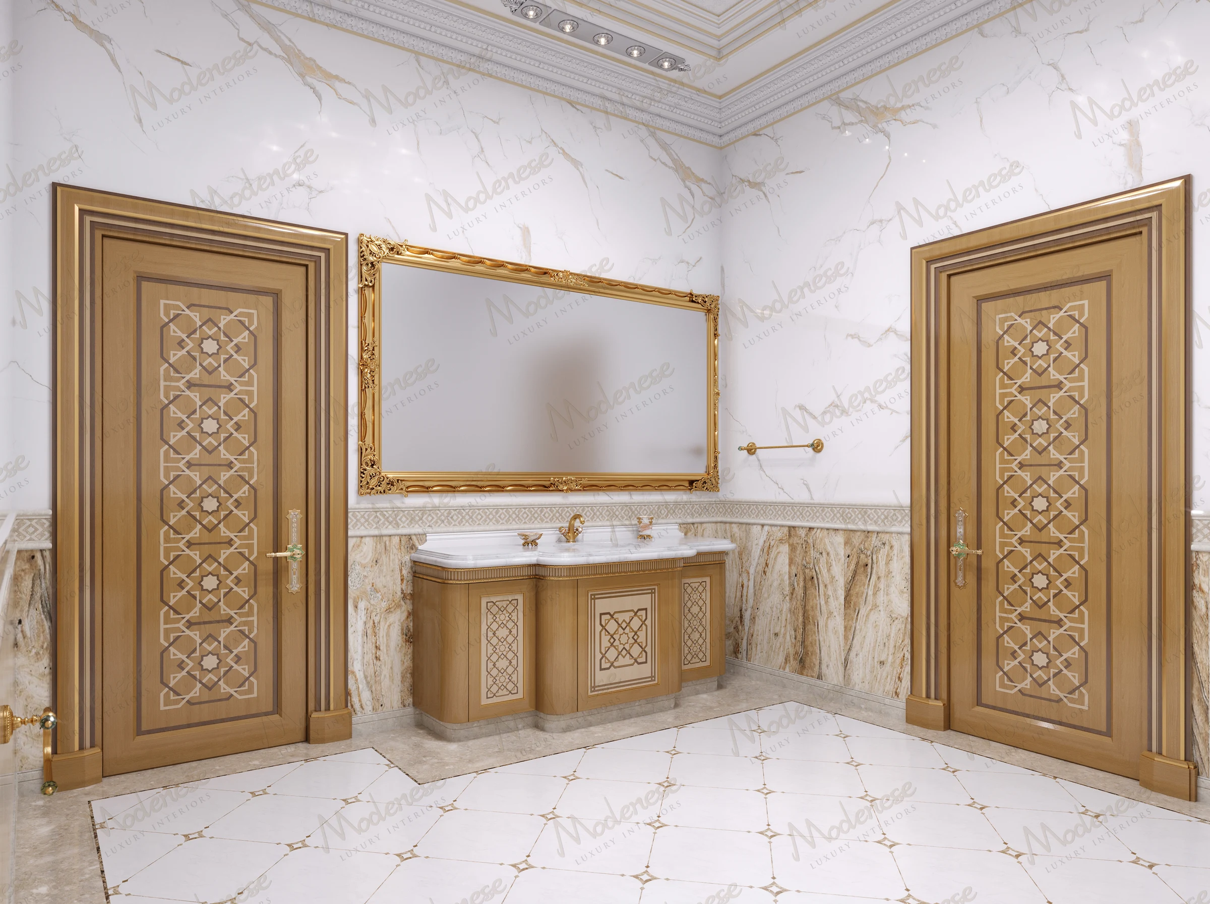 Luxurious guest bathroom in a Nashville villa with ornate gold-framed mirror, custom wood vanity, marble-effect wall tiles, and intricately carved double doors
