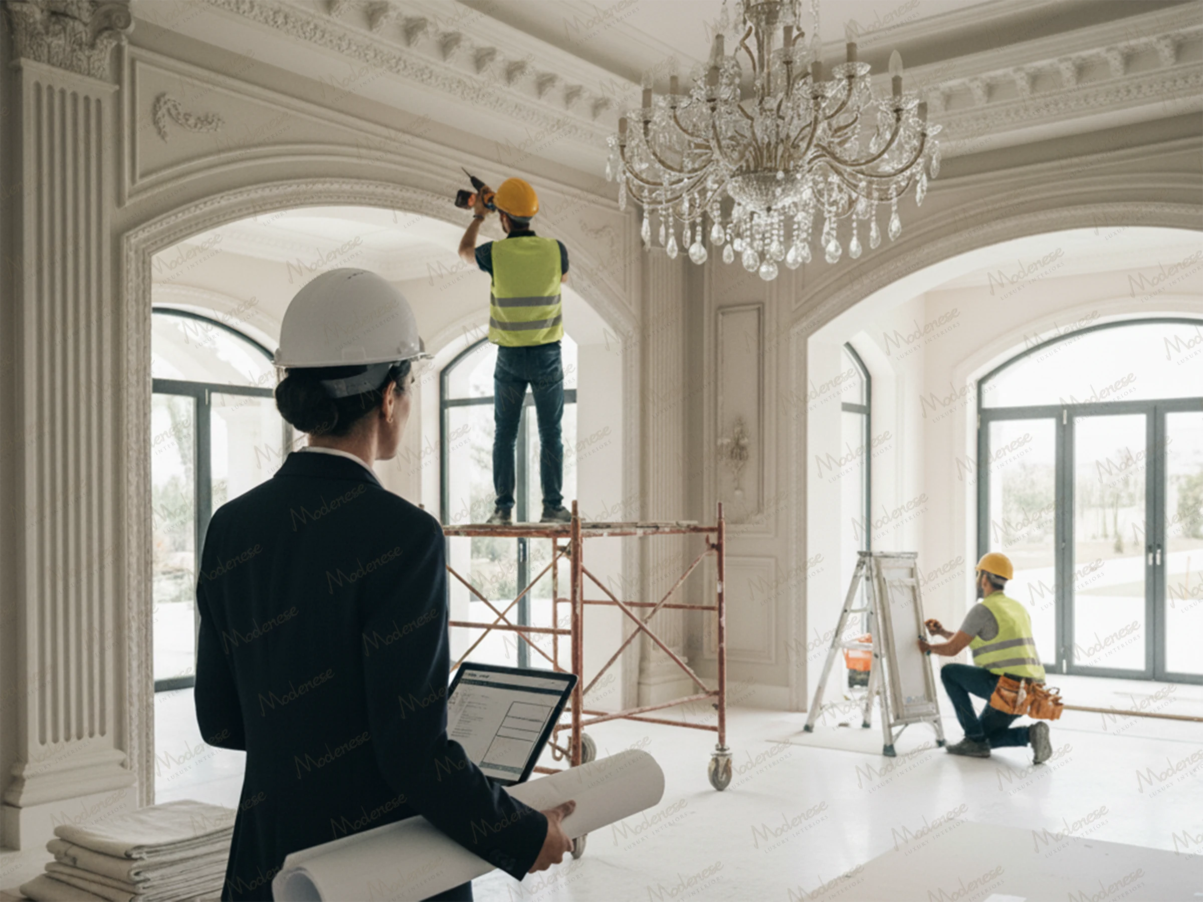 Interior renovation in Milan supervised by a female architect, with workers installing fixtures in a classical room under a grand chandelier