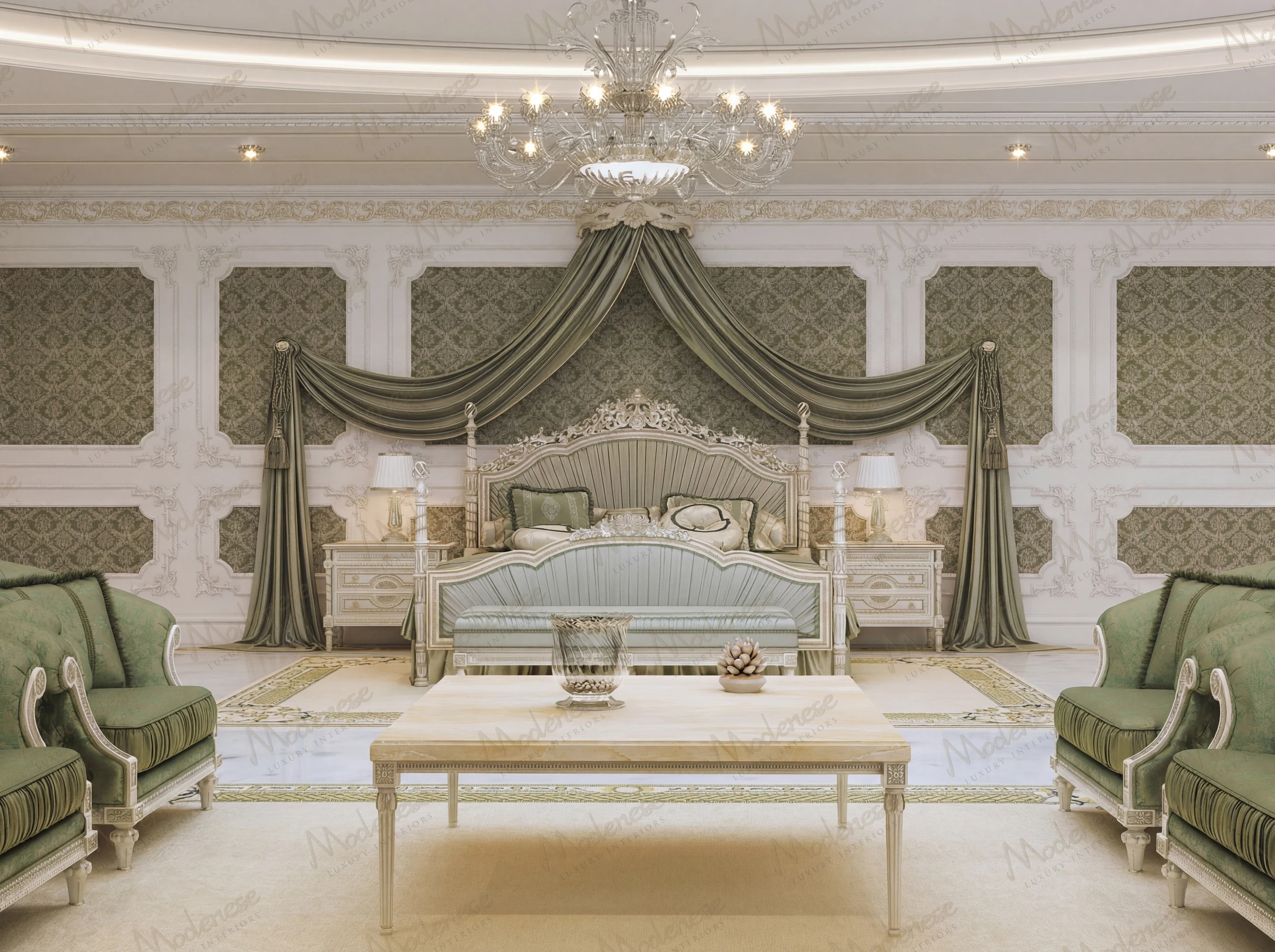 Lavish bedroom in a Doha luxury villa with an intricately carved bed, green damask wall panels, and draped matching curtains under a crystal chandelier