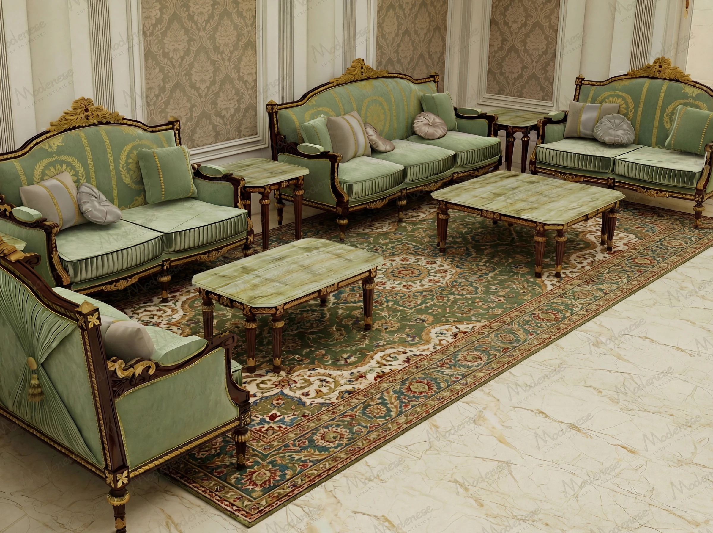 Lavish Majlis interior with green and gold classical sofas, marble flooring, ornate columns, and crystal chandeliers under warm ambient lighting