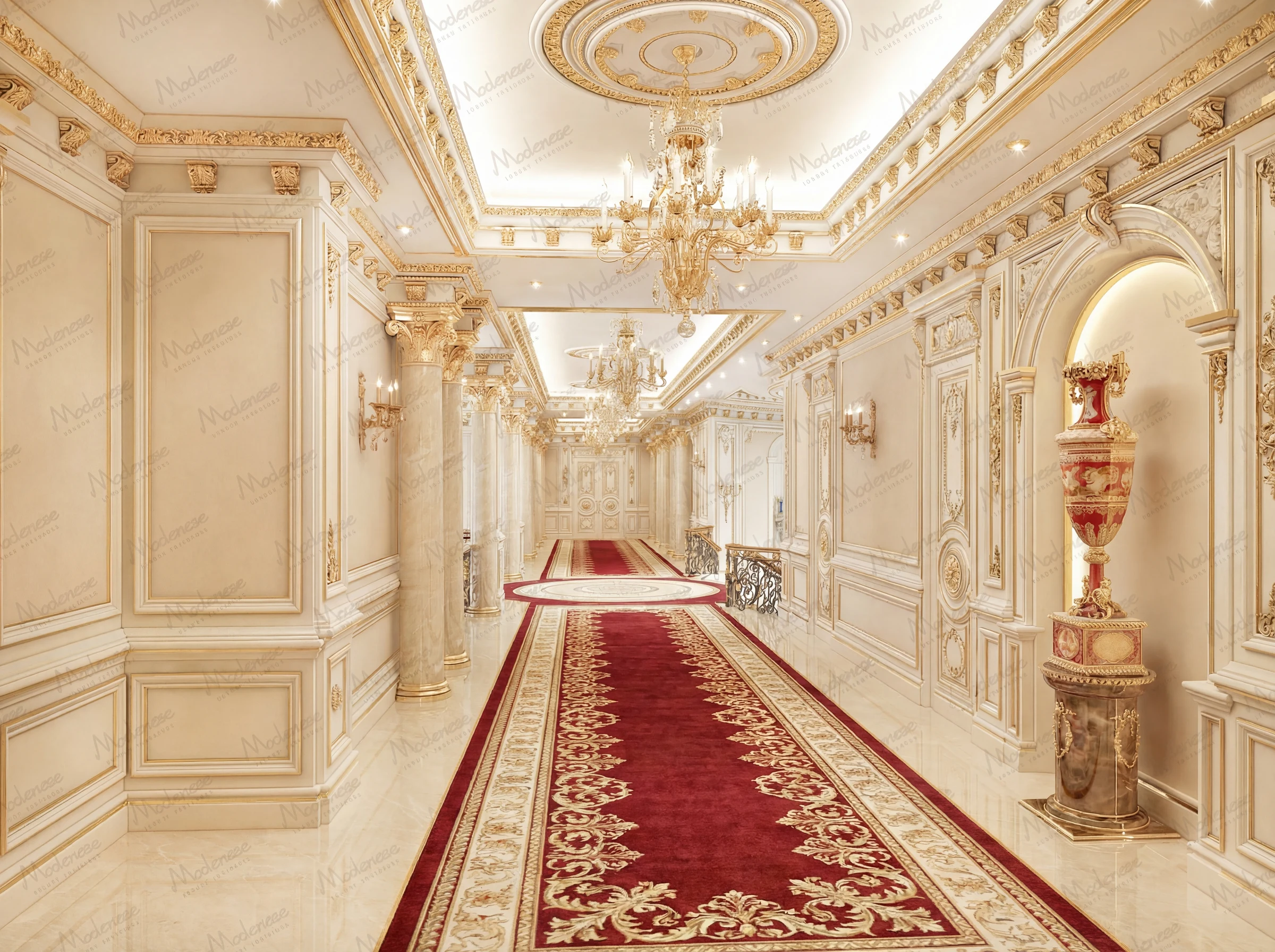 Ornate palace corridor in Bahrain with Corinthian columns, gilded trim, chandeliers, and a central RED carpet runner framed by polished marble flooring