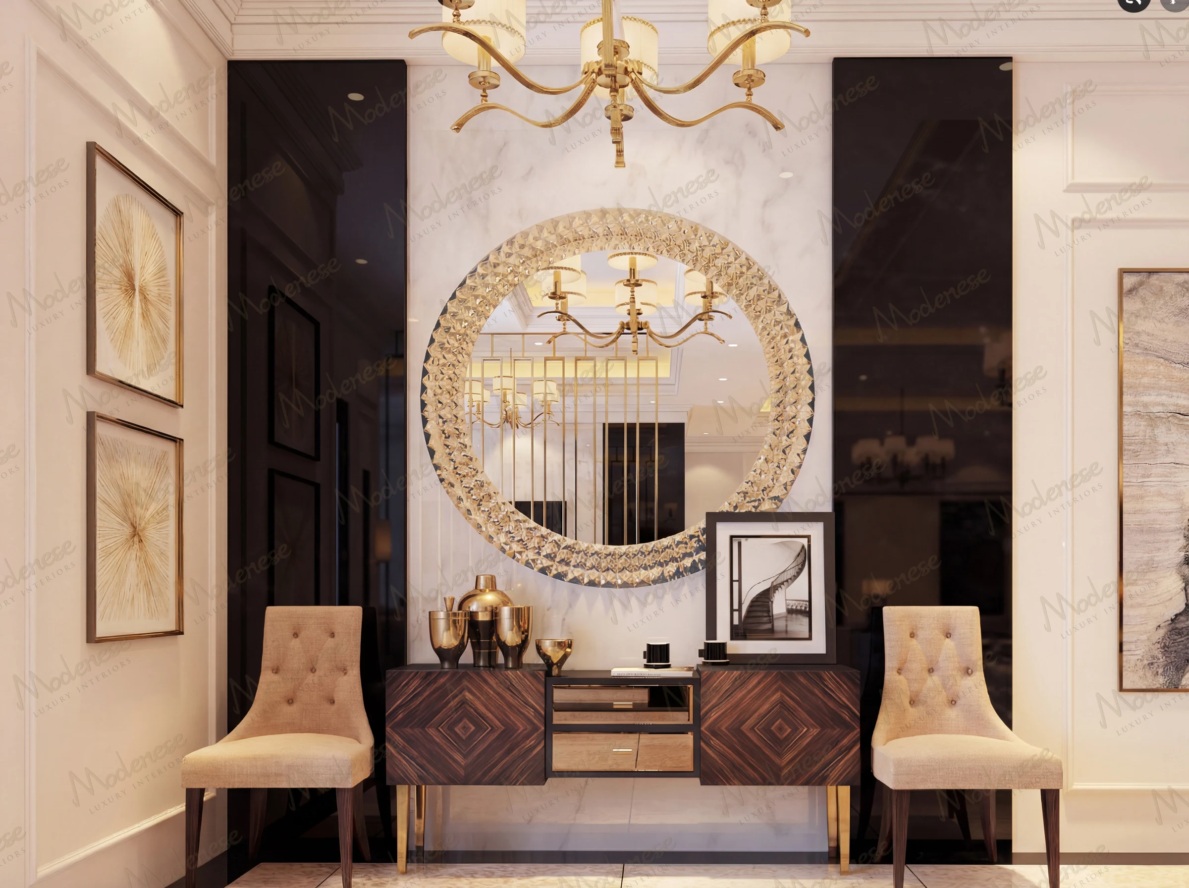 Sophisticated entryway in a Virginia villa with a diamond-patterned wooden console, tufted accent chairs, and a large circular decorative mirror reflecting a gold chandelier