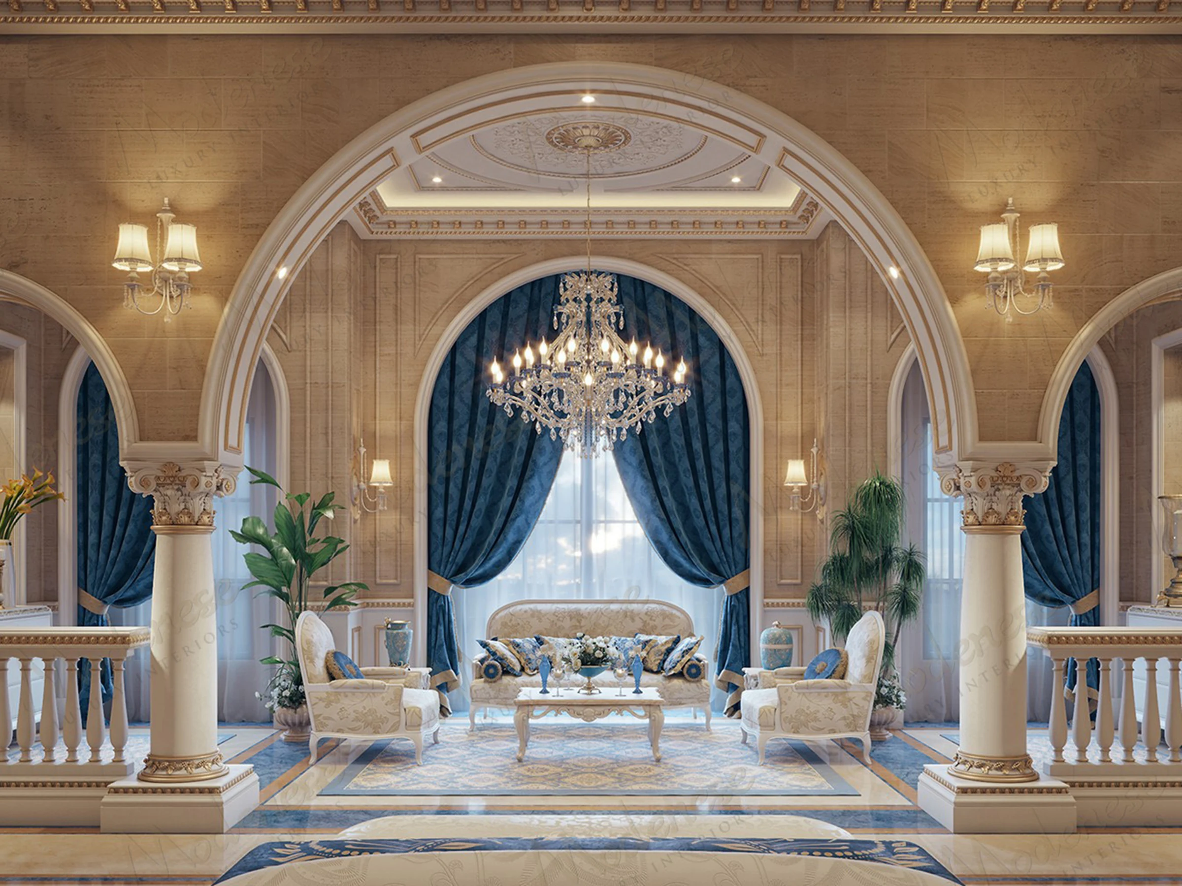 Classic living room in a Dubai villa with gold-trimmed armchairs, a central settee, and a large mural-style landscape painting framed by ornate wall sconces