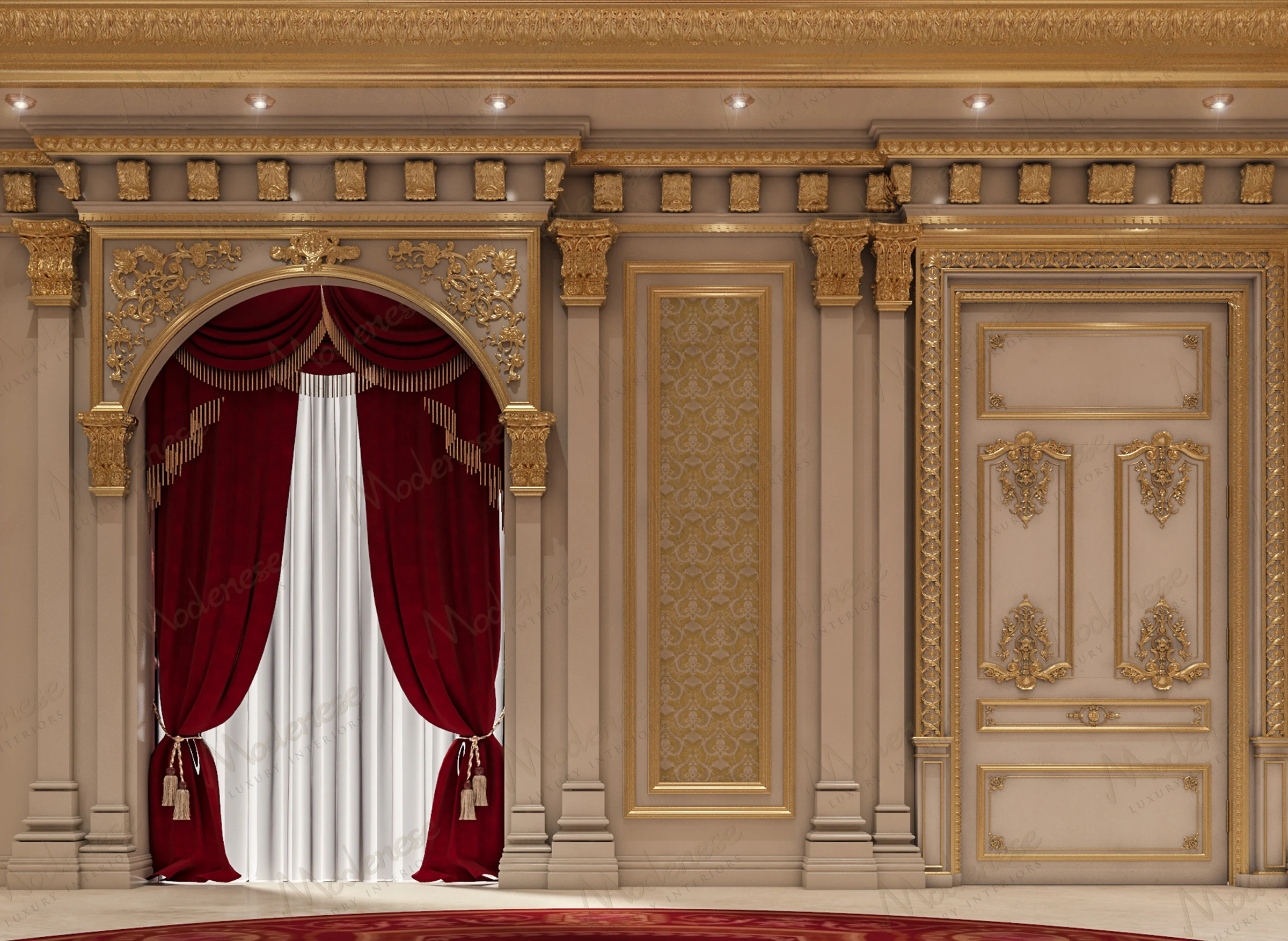 Luxurious palace interior in Kuwait showcasing a richly adorned arched doorway with red velvet curtains, intricate gold carvings, and a matching ornamental panel beside an elaborately decorated door