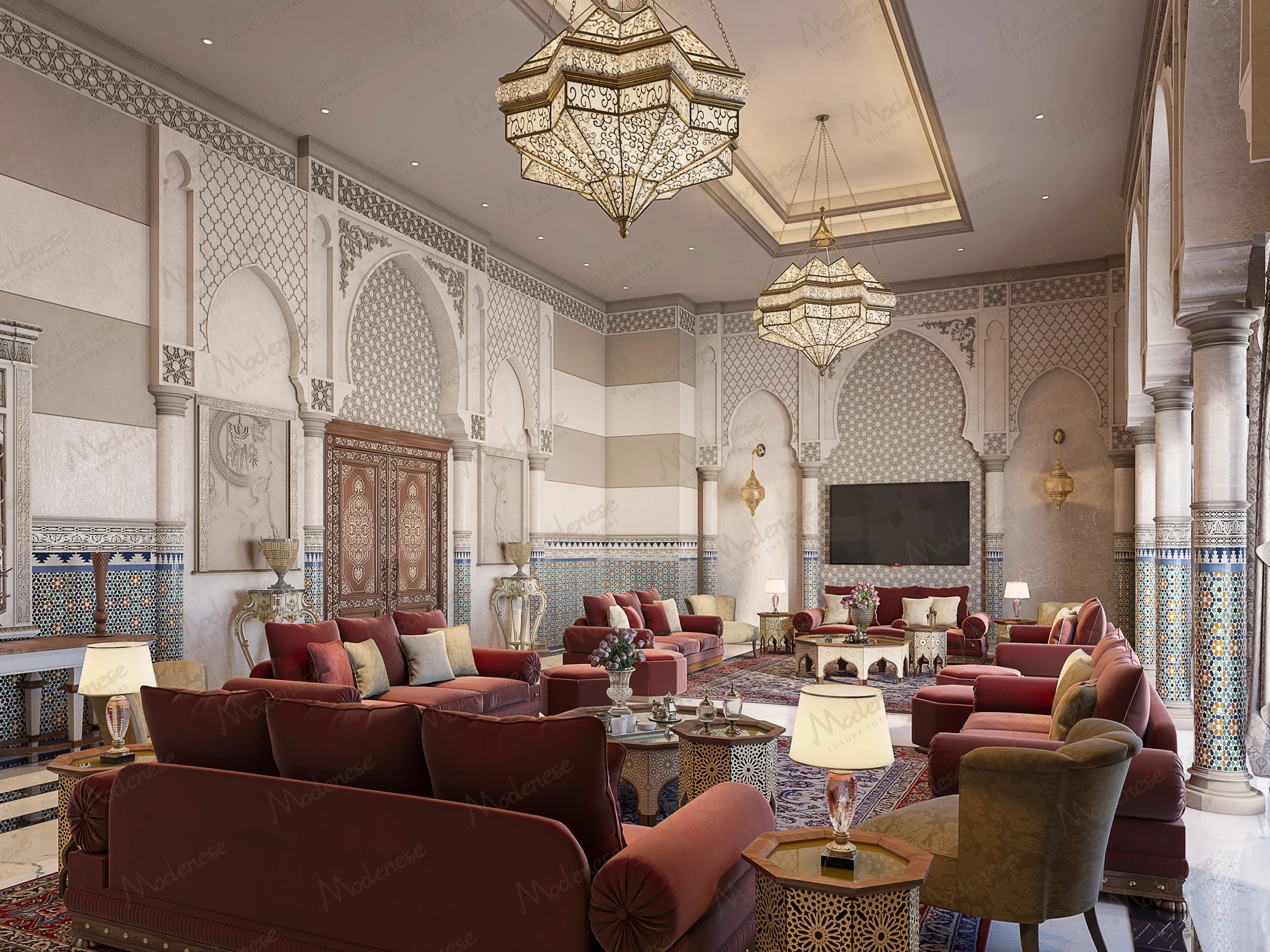 Palace living room in Baghdad with an elaborate geometric ceiling, opulent chandelier, red velvet sofas, and Moorish arches framed by gilded latticework and carved marble columns
