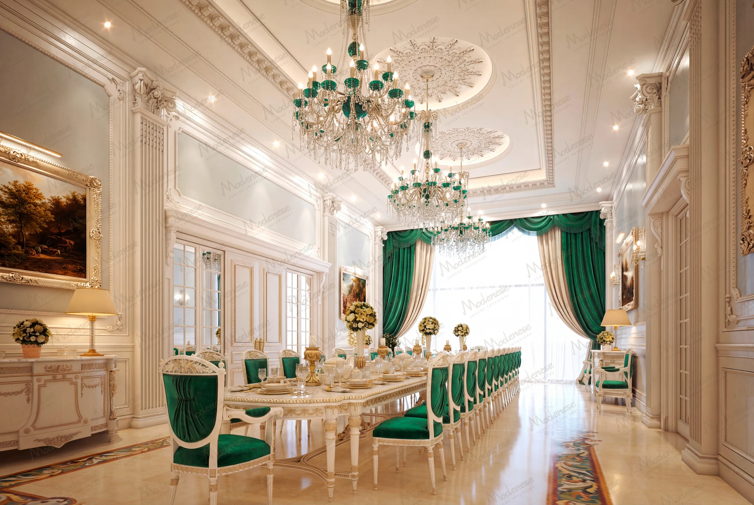 Grand dining room in a Lagos villa with emerald green velvet chairs, crystal chandeliers, long formal table setting, and draped green curtains
