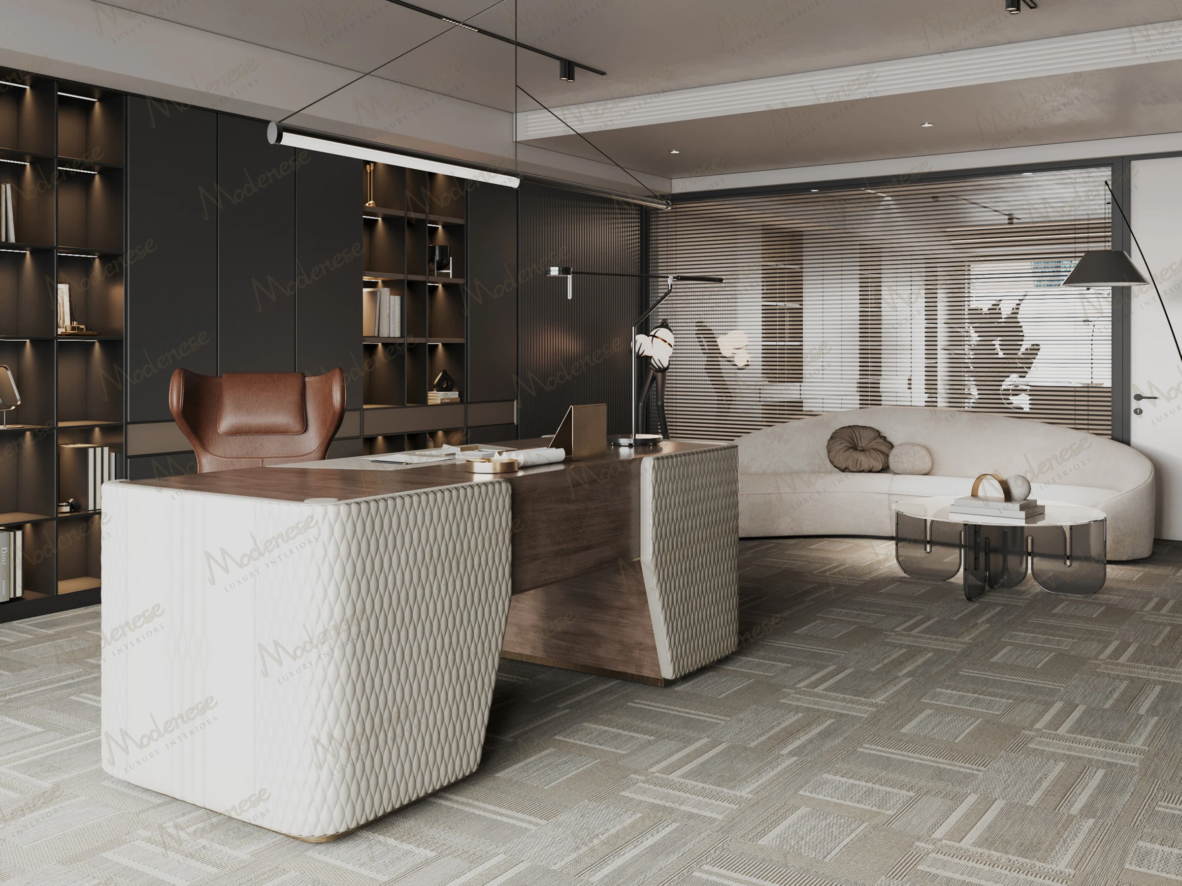 Modern executive office in a New York head office featuring a geometric wood and leather desk, curved white sofa, and floor-to-ceiling shelving with integrated lighting