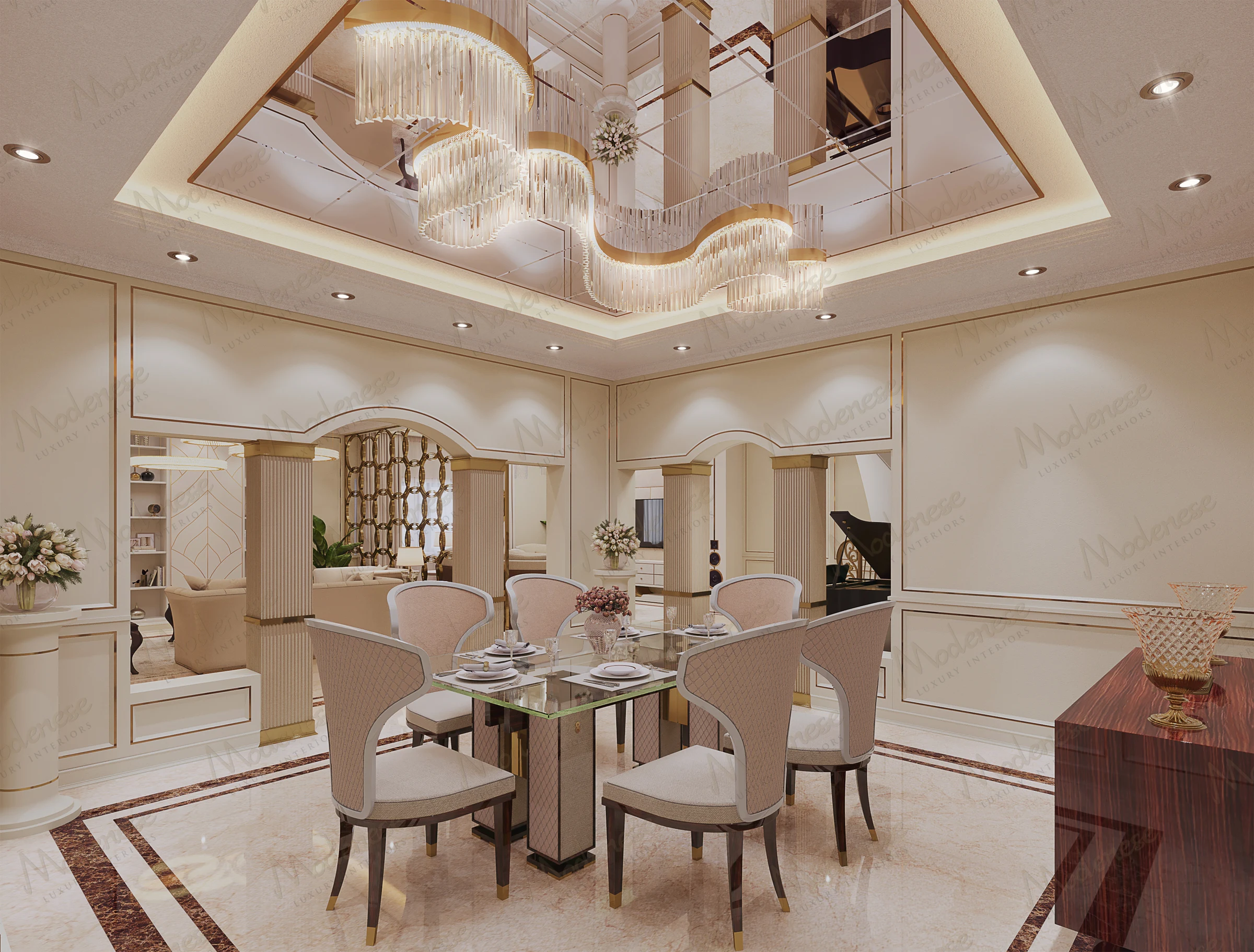 Elegant dining room in Damascus, Syria featuring a glass-top table with blush upholstered chairs, a sculptural chandelier, and gold-trimmed archways connecting to a luxurious open space