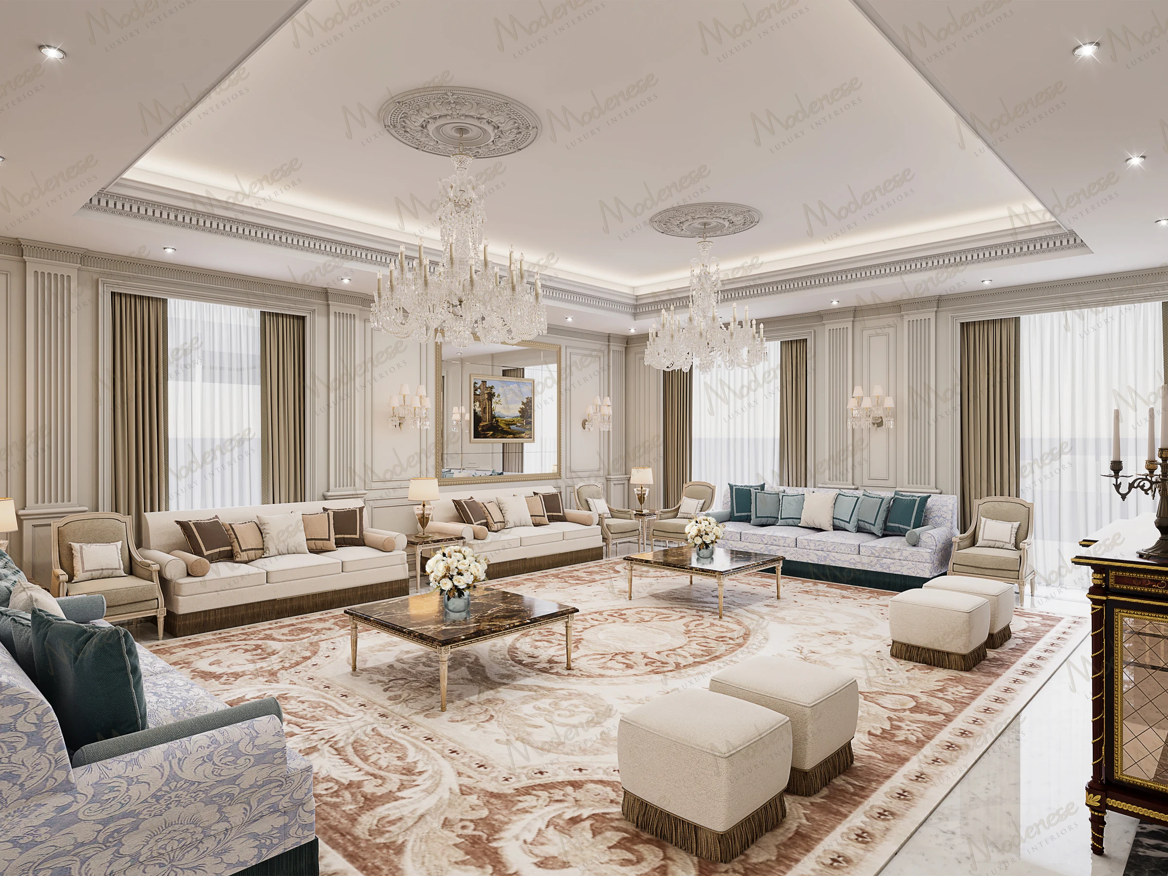 Luxurious living room in Muscat featuring ornate chandeliers, classical molding, and a large Persian-style rug surrounded by elegant cream sofas with blue and beige accent pillows