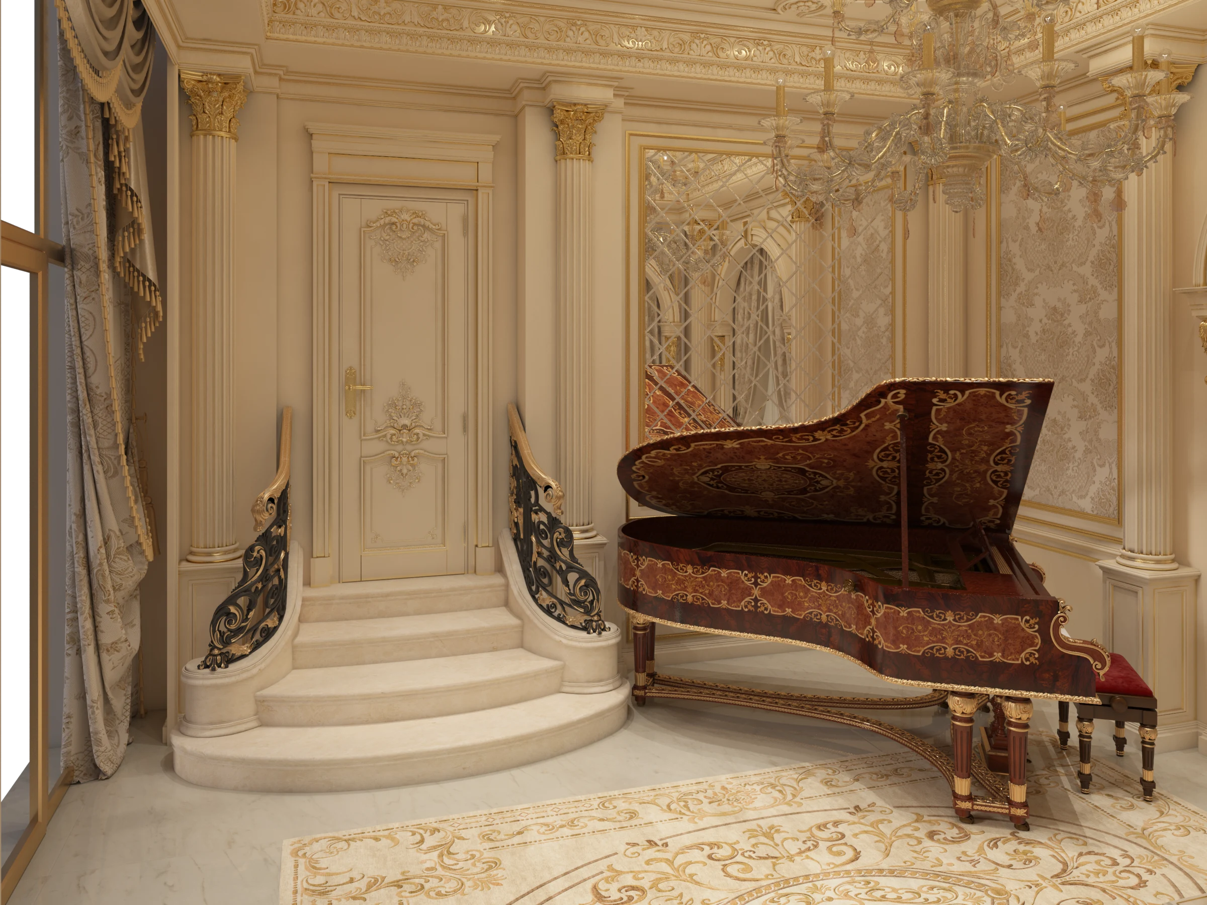 Classical luxury showroom interior in Milan featuring an ornate grand piano, marble steps, gilded columns, crystal chandelier, and cream and gold neoclassical detailing
