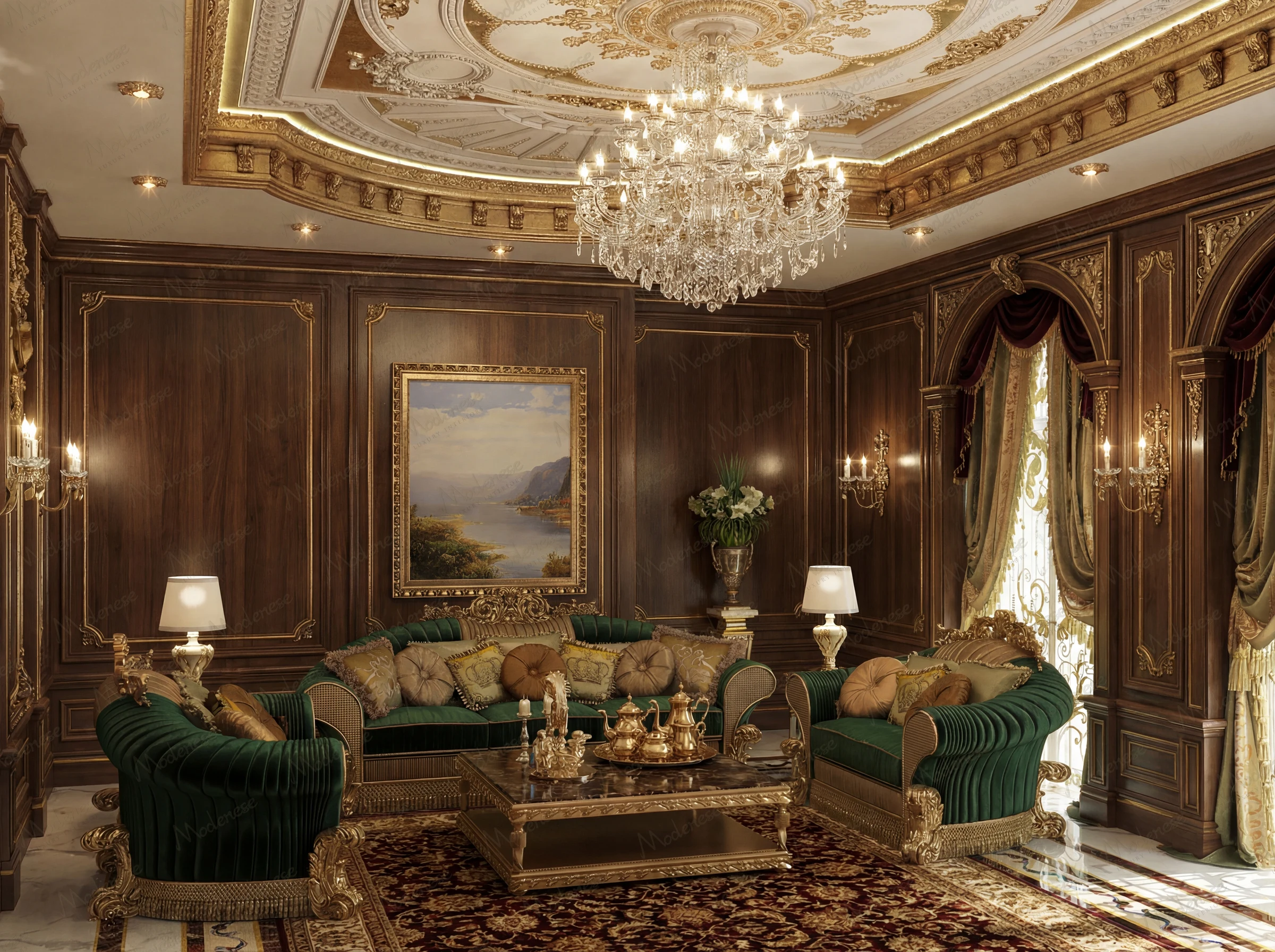Palace interior by a luxury interior design studio showcasing bespoke Italian furniture in emerald velvet with hand-carved gold leaf detailing, rich walnut boiserie, crystal chandelier, marble flooring, and custom silk drapery—an extraordinary example of made in Italy craftsmanship for Middle East palace design and ultra-luxury villa interiors in Dubai and Riyadh.