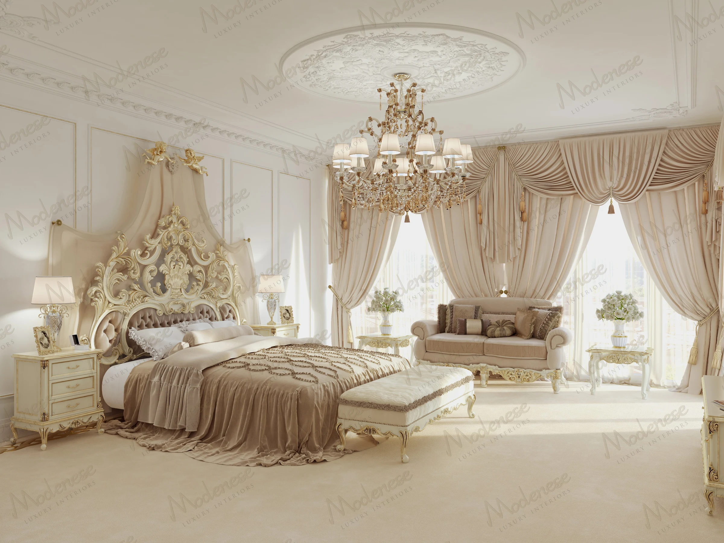 Elegant master bedroom in a Moscow villa with an elaborate tufted headboard, gold-trimmed furniture, and floor-length pleated drapery