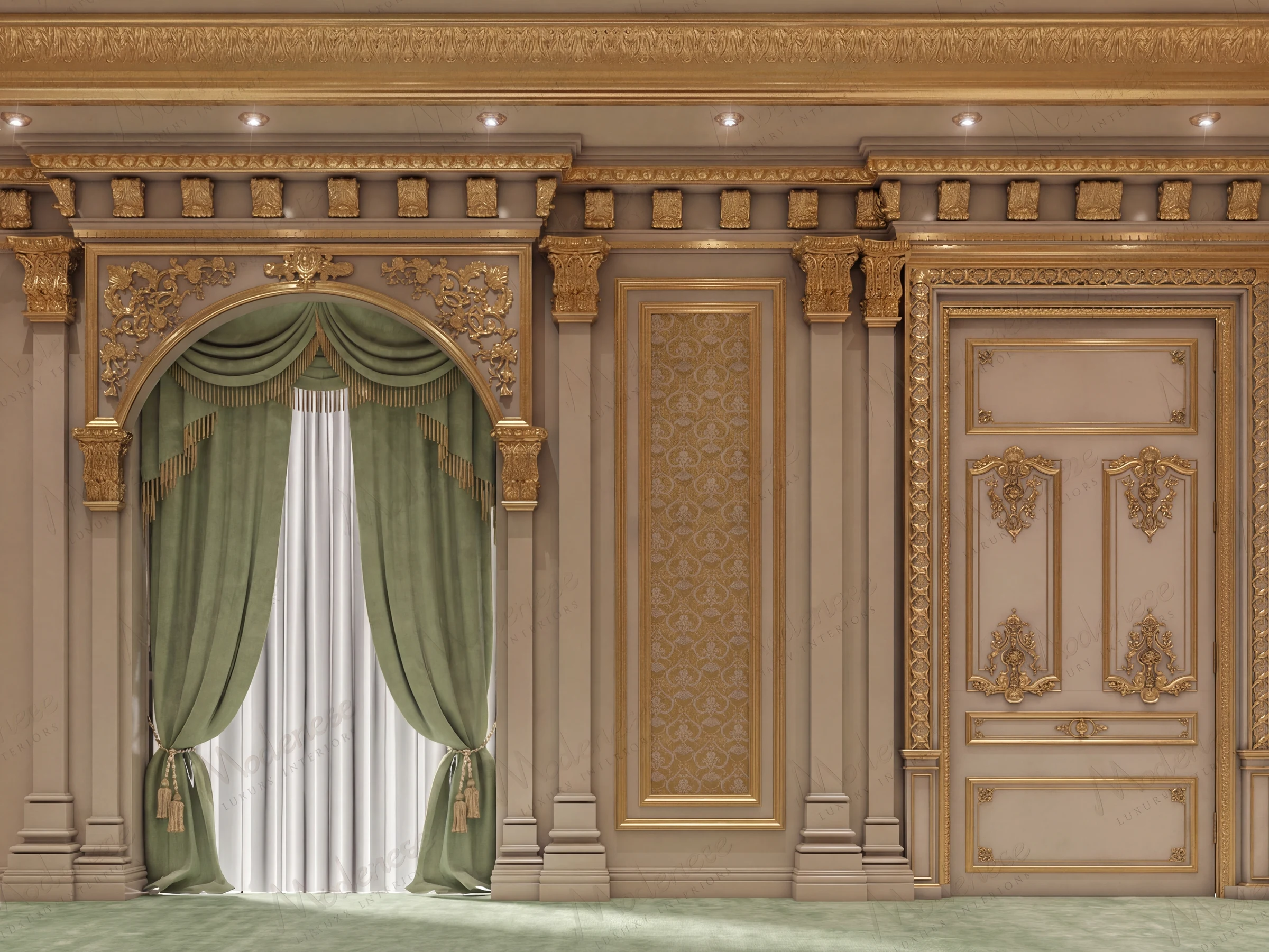 Ornate palace wall in Baghdad featuring green velvet drapery, white sheer curtains, and richly gilded moldings framing a detailed arched niche and double doors