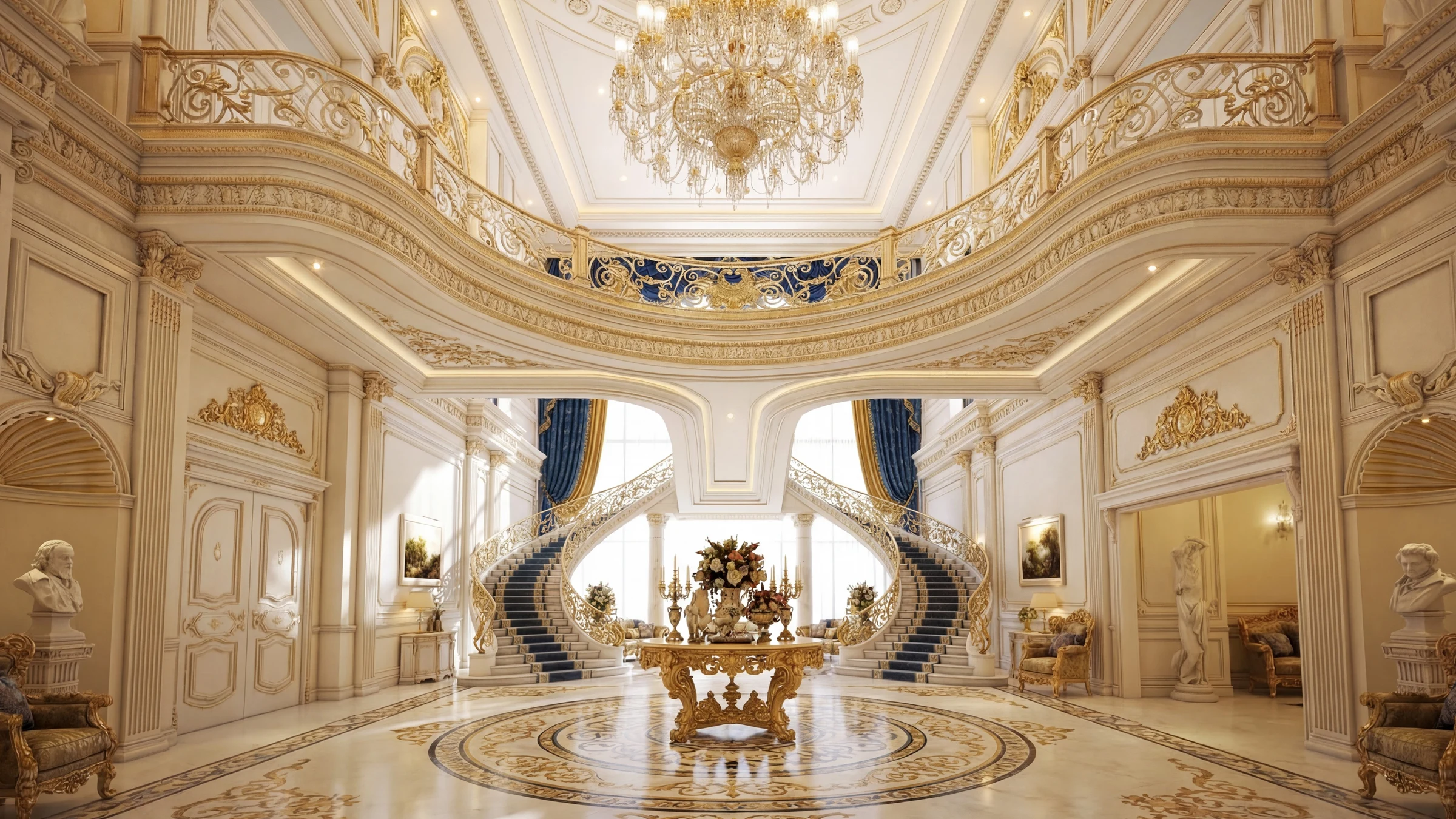 Grand foyer in Sheikh’s villa in Riyadh with a double staircase, gold-accented railings, blue velvet drapes, ornate ceiling molding, and a large crystal chandelier