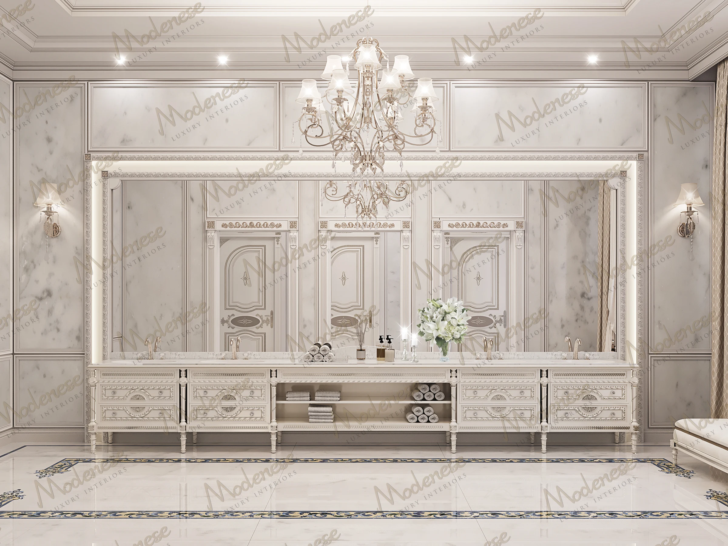 Grand neoclassical bathroom showcases handcrafted bespoke Italian furniture in an expansive double vanity composition with carved detailing and marble countertops. Crystal chandeliers, ornate wall paneling, and polished stone flooring express palace interiors and exclusive interior architecture tailored for Middle East palace design and high-end custom interiors in Riyadh luxury villa interiors.