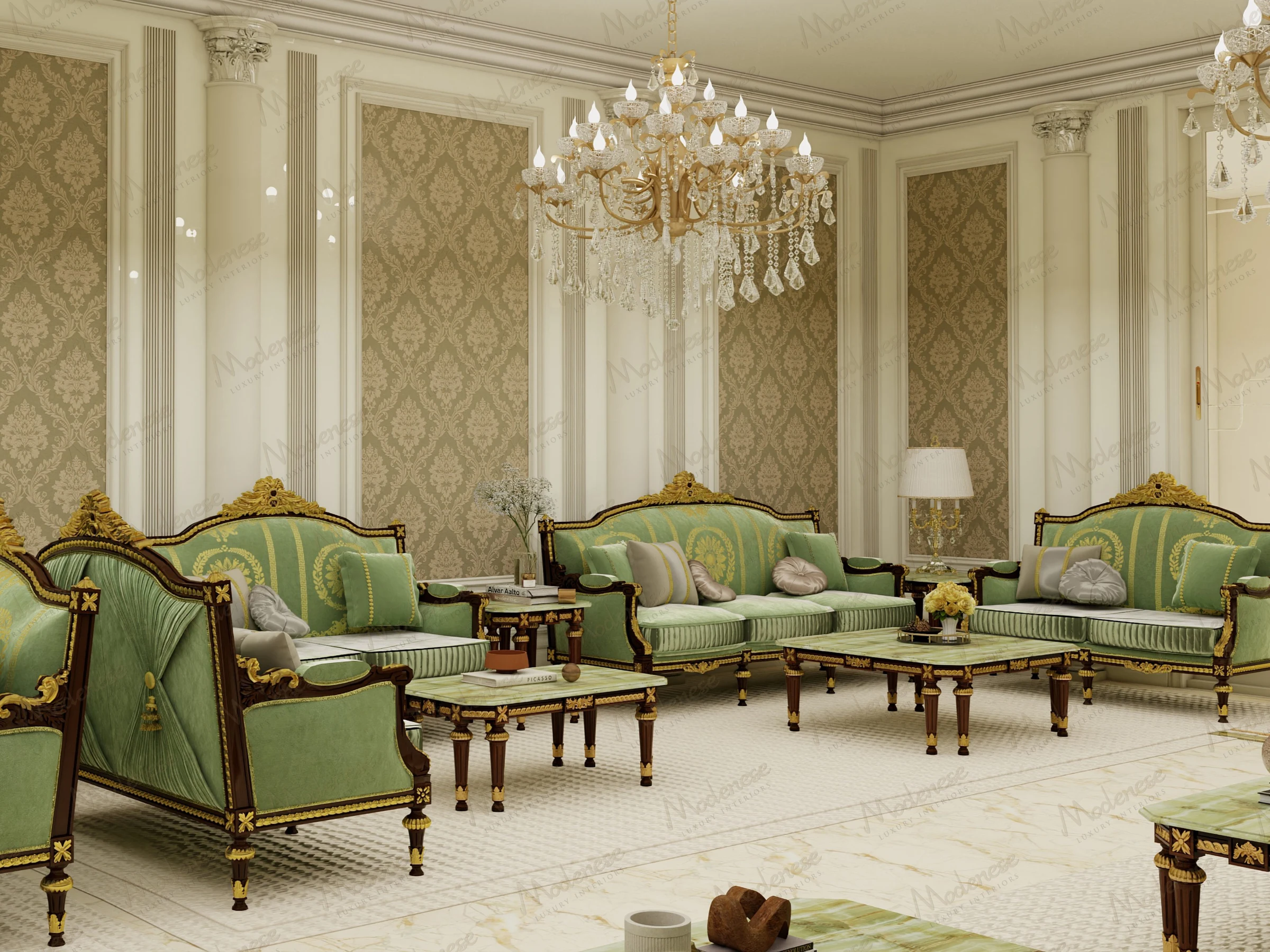 Close-up of ornate green and gold upholstered sofas with matching armchairs and tables over a richly patterned rug in a Dubai Majlis setting